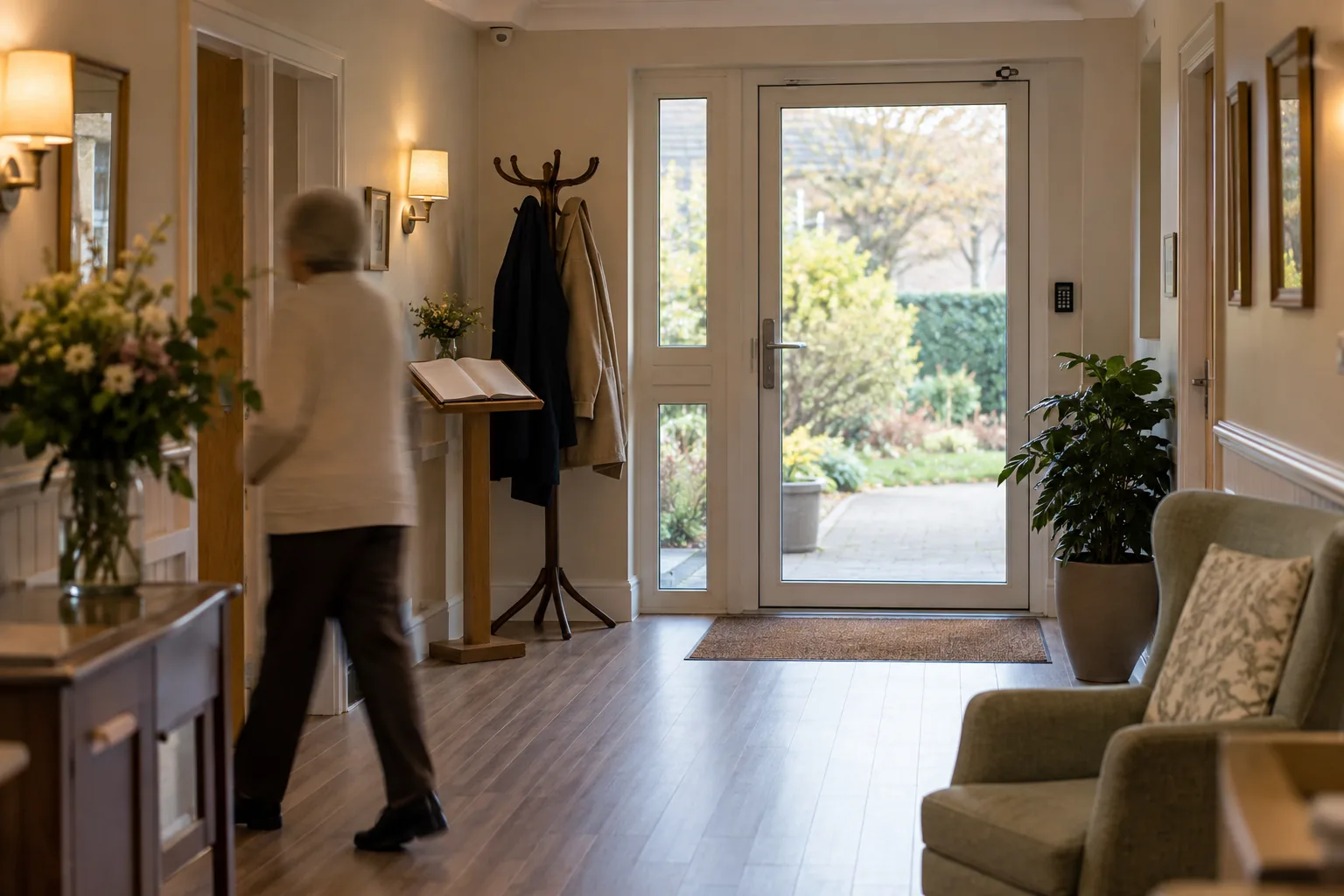 A keypad-locked front door of a care home seen from the inside hallway in afternoon light, a coat stand and a visitors' signing-in lectern beside it