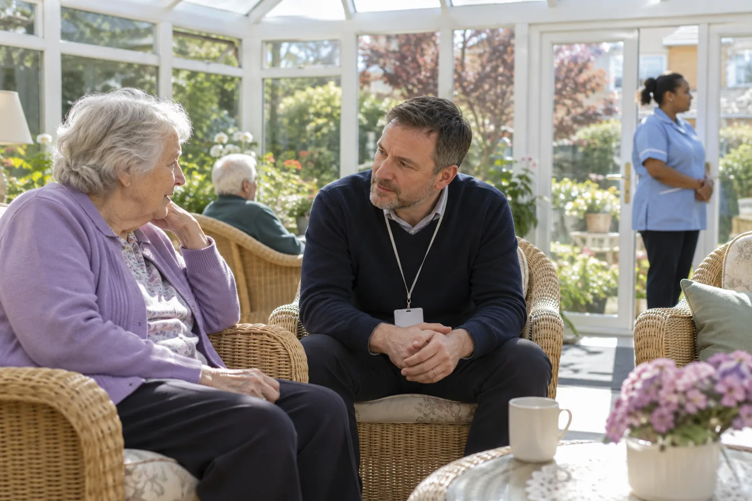 A best interests assessor with a lanyard sits beside an older woman in a care home conservatory, listening, while a senior carer waits by the glass door