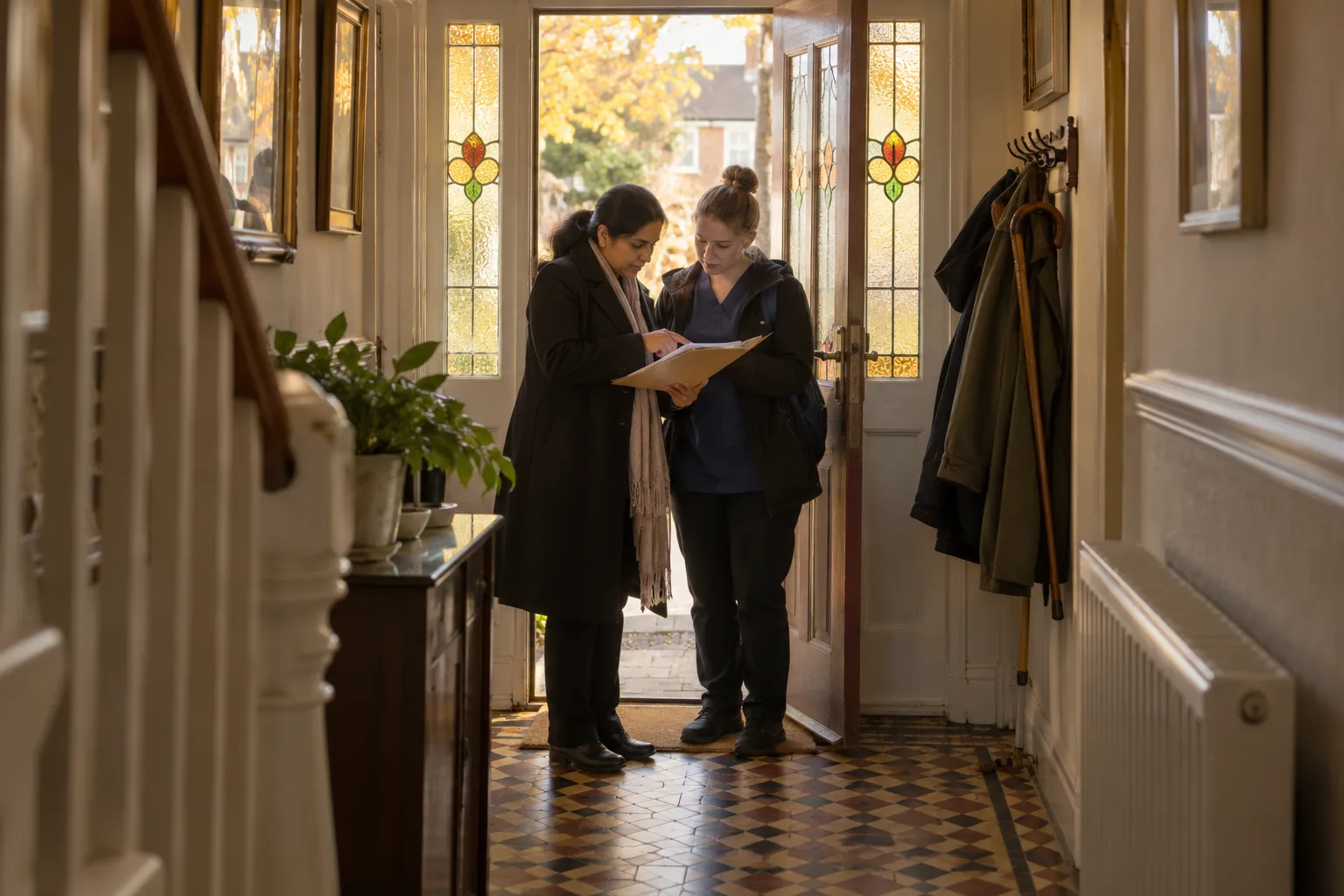 Seen from inside a 1930s semi-detached house, a care coordinator and a home care worker stand at the open front door talking through a visit plan, autumn light coming through the frosted glass panels