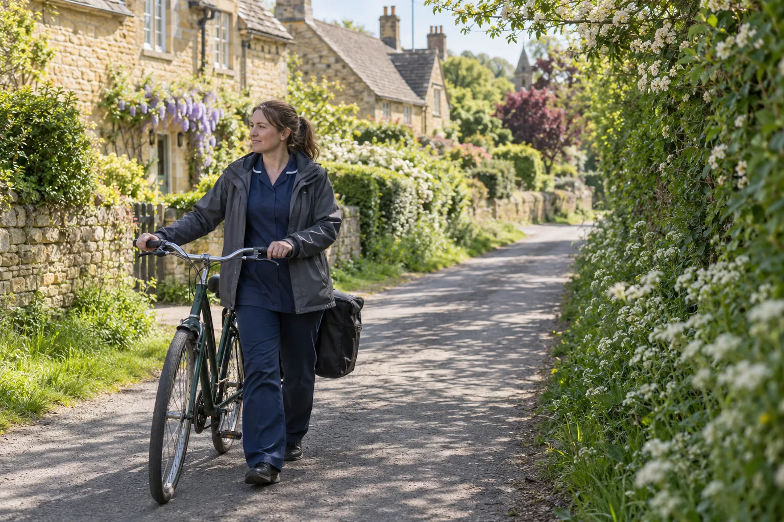 A home care worker in a navy tunic under an open rain jacket wheels her bicycle, a pannier bag on the back, along a village lane between hedgerows and stone cottages on a bright spring morning
