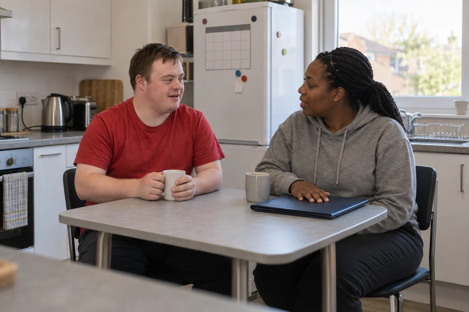 A support worker talks with an adult over mugs at a kitchen table