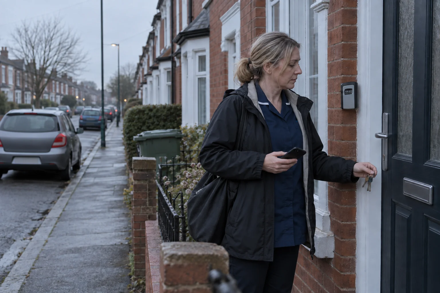 A home care worker with a phone and keys arrives at a terraced house