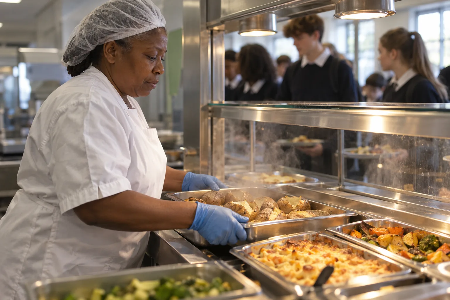 Close view of a secondary school canteen counter as a catering assistant in a hairnet slides a tray of hot dishes into place, the lunchtime queue out of focus beyond, steam rising