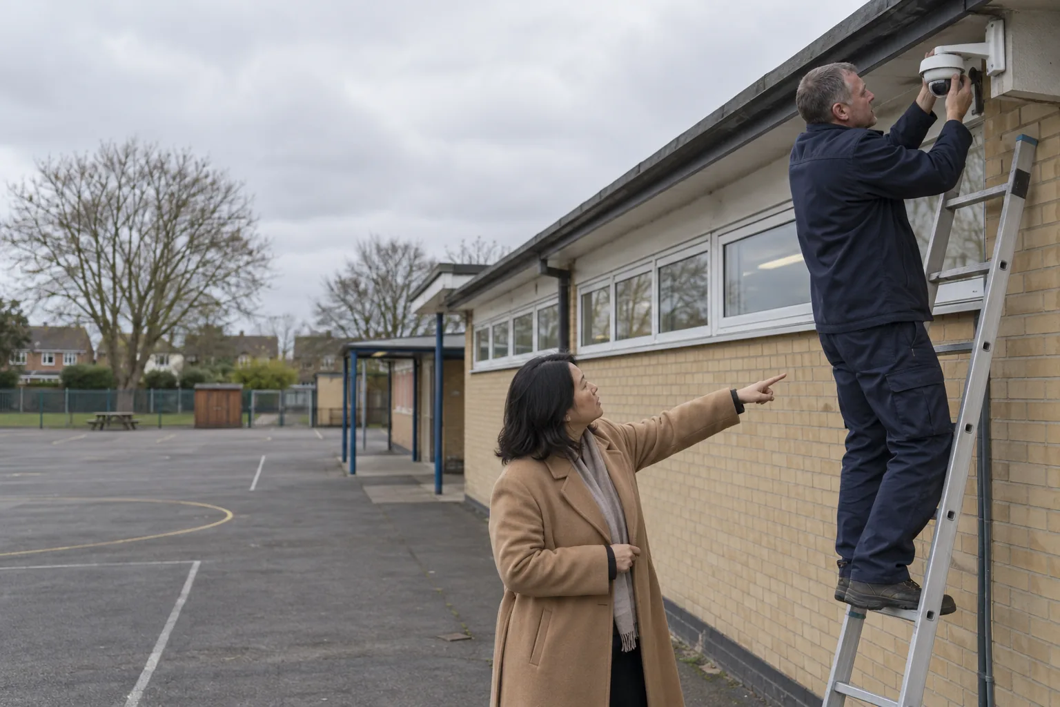 A school business manager and an installer on a ladder discuss the angle of a newly fitted camera on the outside wall of a primary school dining hall, a grey sky behind them and the playground empty