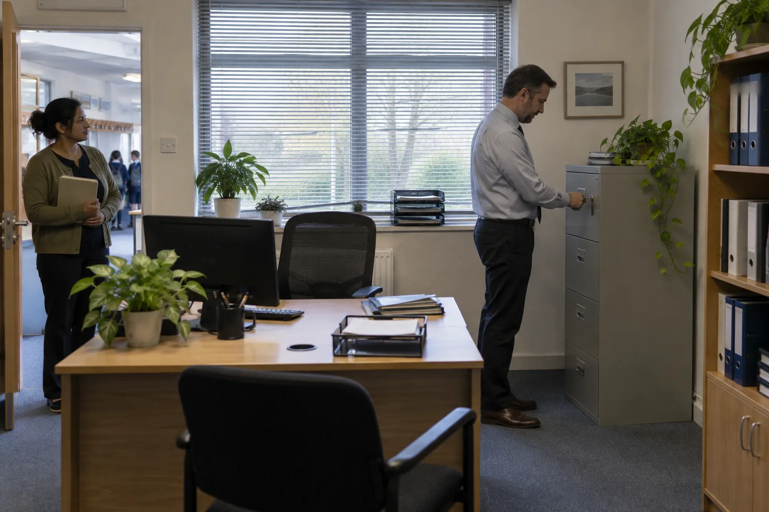 A deputy headteacher unlocks a grey filing cabinet in a small secondary school office while a colleague waits in the doorway, seen from across the room