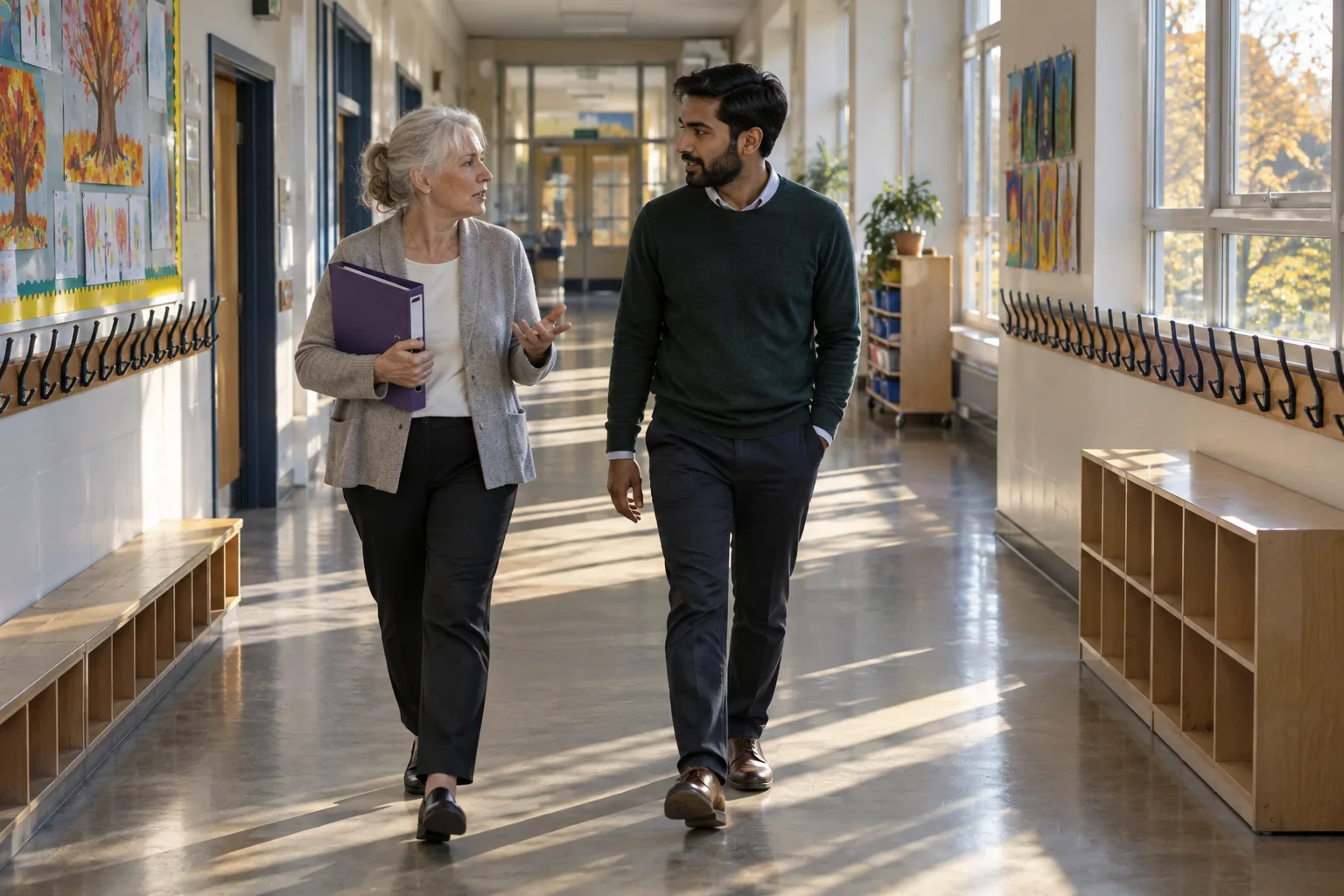 Two teachers walk side by side along a primary school corridor after the children have gone home, one holding a lever-arch file, low autumn sun through the windows
