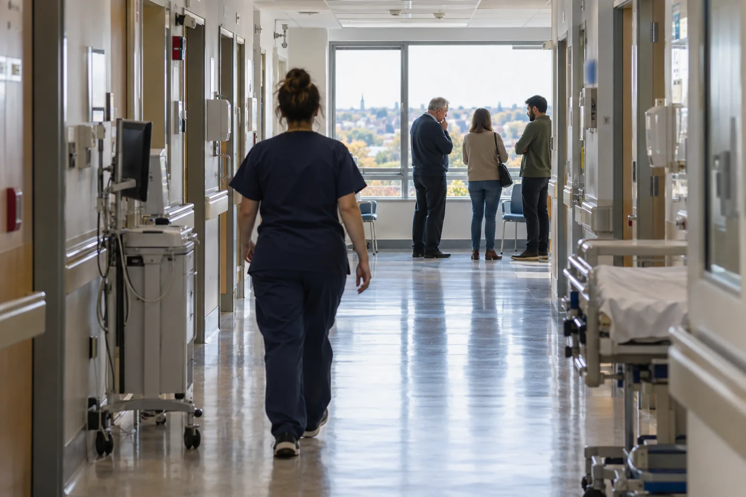 Wide view of a hospital ward corridor in the late afternoon, a nurse in navy scrubs walking away from the camera towards a family waiting by a window
