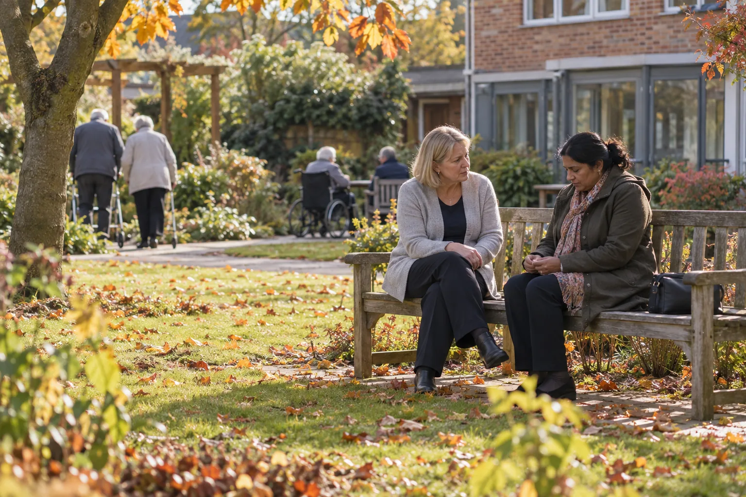 A care home manager and a middle-aged daughter sit side by side on a bench in the home's garden on a bright autumn morning, the manager turned towards her, listening