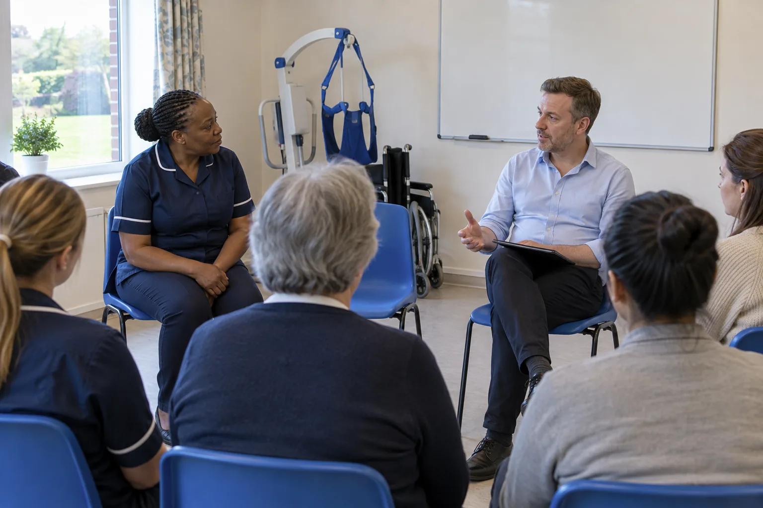 In a care home’s small training room, an HR adviser from the care provider talks a circle of staff through a procedure as the registered manager listens, a mobile hoist and a folded wheelchair parked by the wall