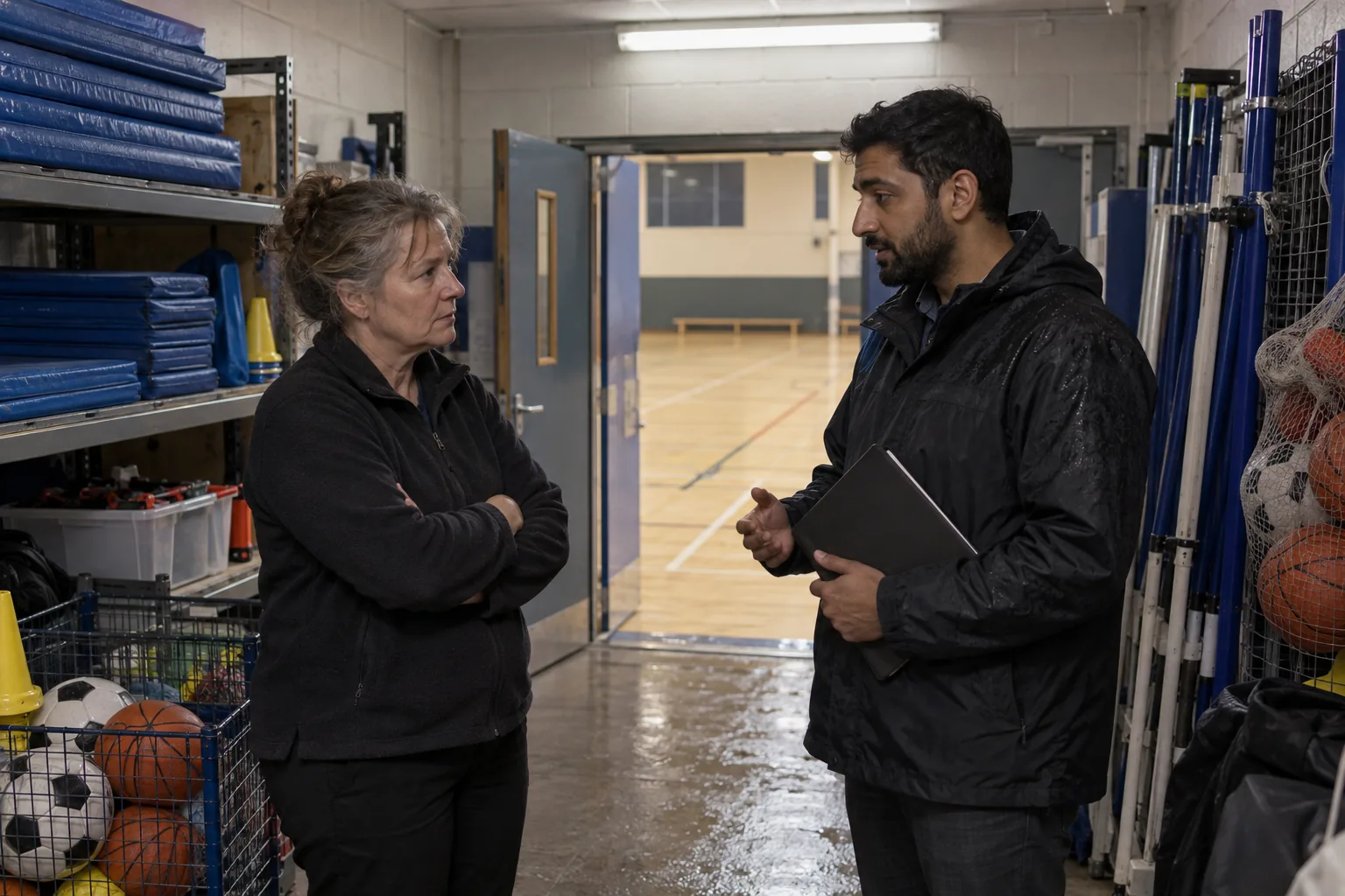 In the equipment store of a community sports centre on a wet evening, a volunteer manager and the club’s safeguarding lead talk quietly among stacked mats and nets of balls