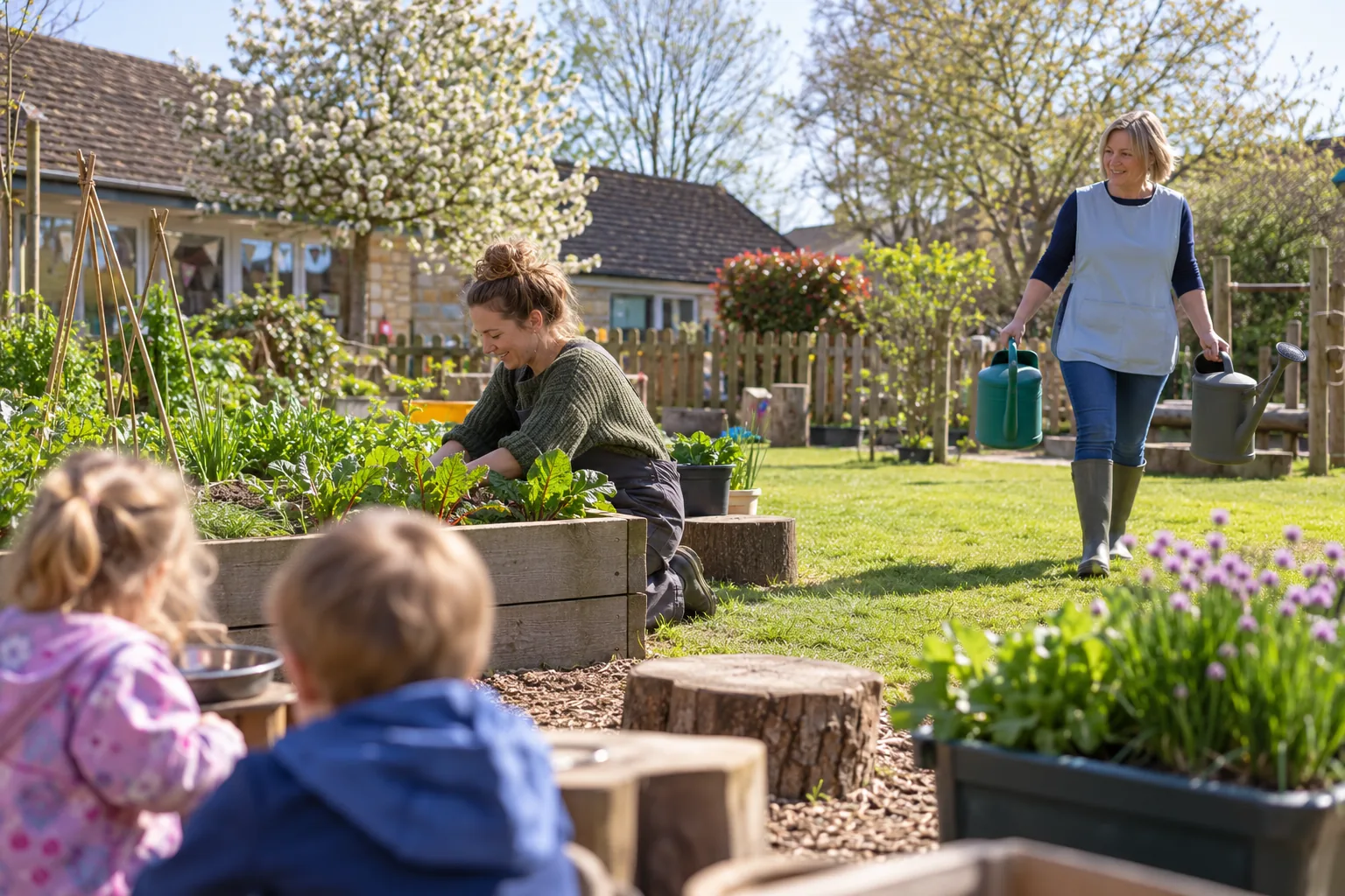 The garden of a village pre-school on a bright spring morning, where a practitioner kneels beside a raised vegetable bed with a small group of children seen from behind and out of focus, while a volunteer in a tabard carries two watering cans across the grass towards them