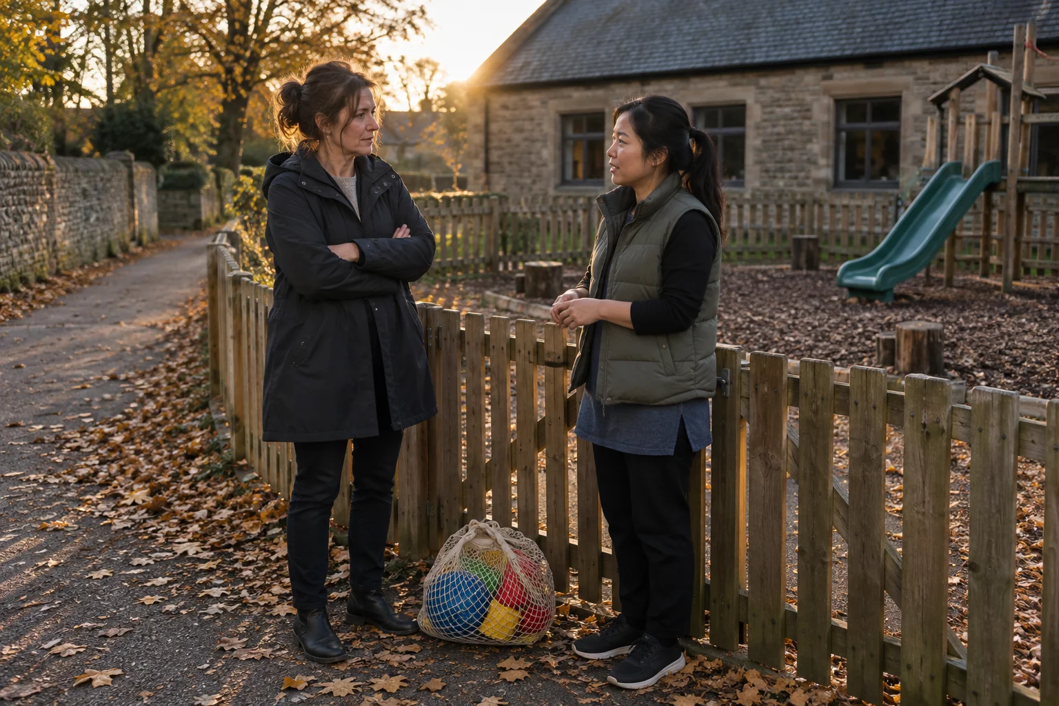 Two early years practitioners talk beside the closed gate of a village hall garden