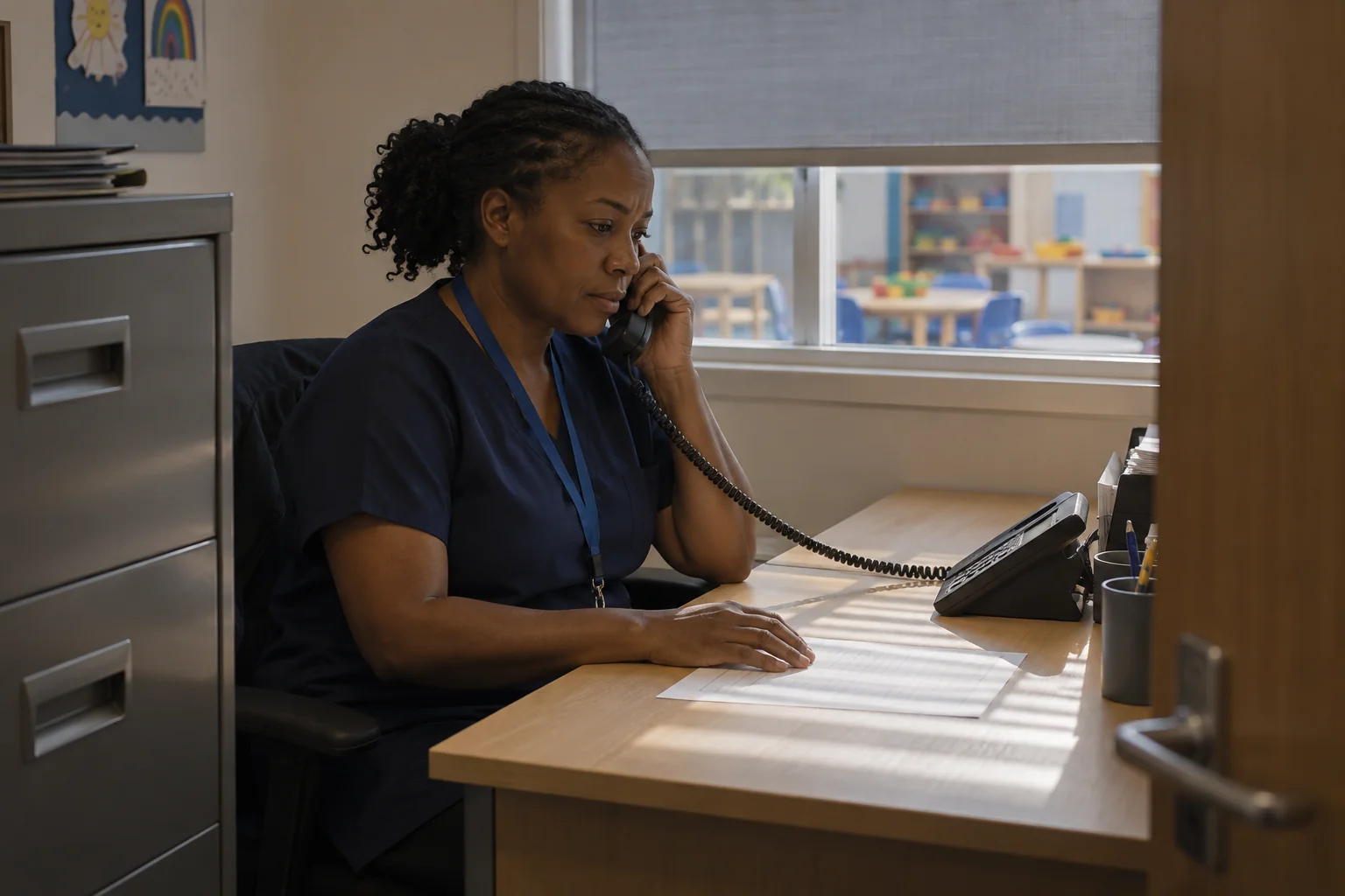 An early years safeguarding lead speaks on a telephone in a side office