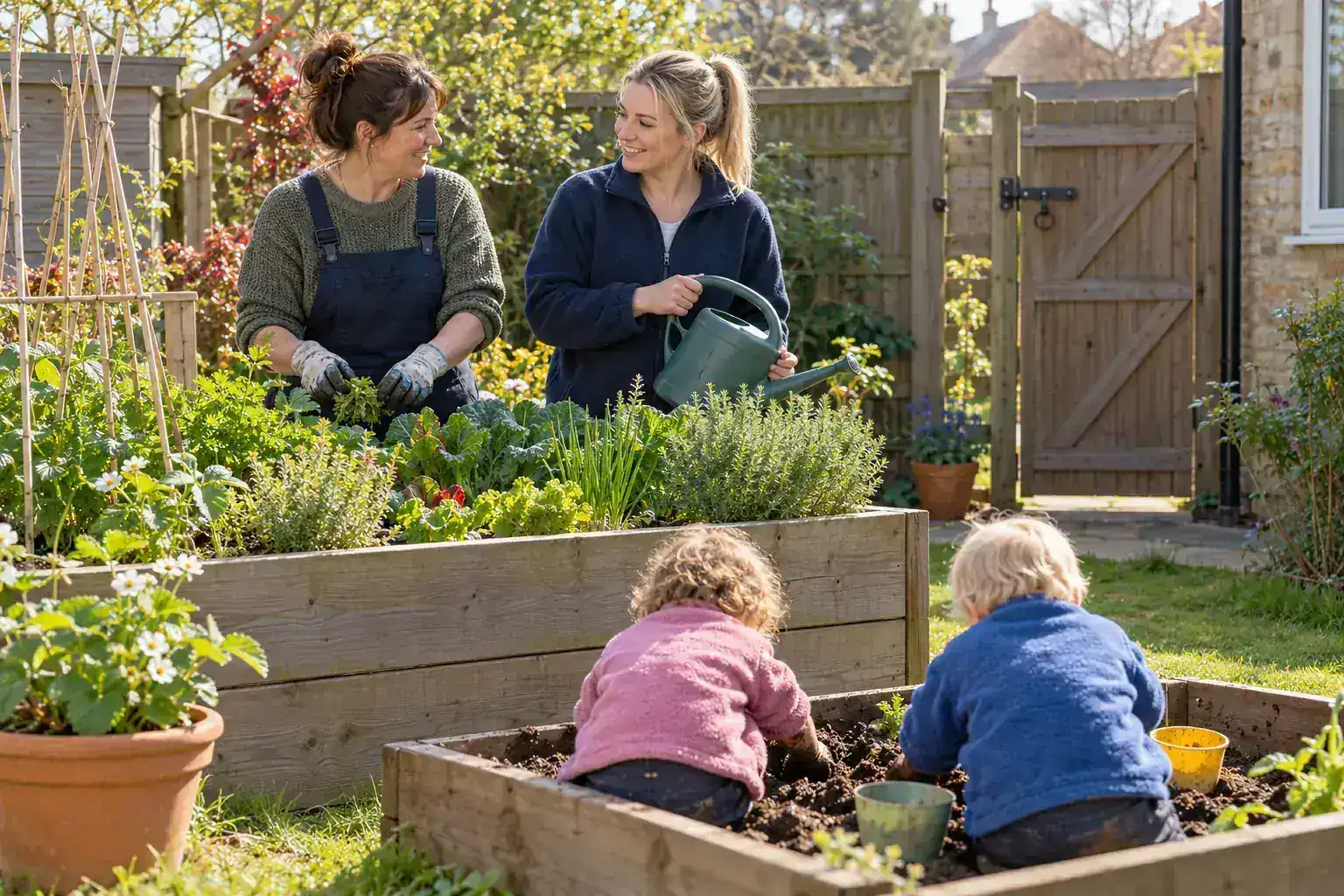 In a childminder's back garden on a bright morning, the childminder and her assistant stand side by side at a raised vegetable bed, talking, the assistant holding a watering can, while two toddlers seen from behind dig in a low planter within arm's reach and the garden gate behind them is latched shut