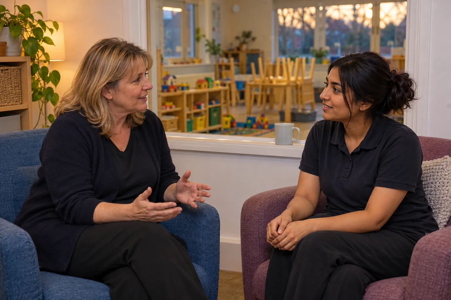 In a small nursery office after the children have gone home, a manager and a practitioner sit facing each other on two soft chairs, talking, a mug on the windowsill; beyond an internal window an empty playroom with low toy shelves and stacked chairs is out of focus in early-evening light