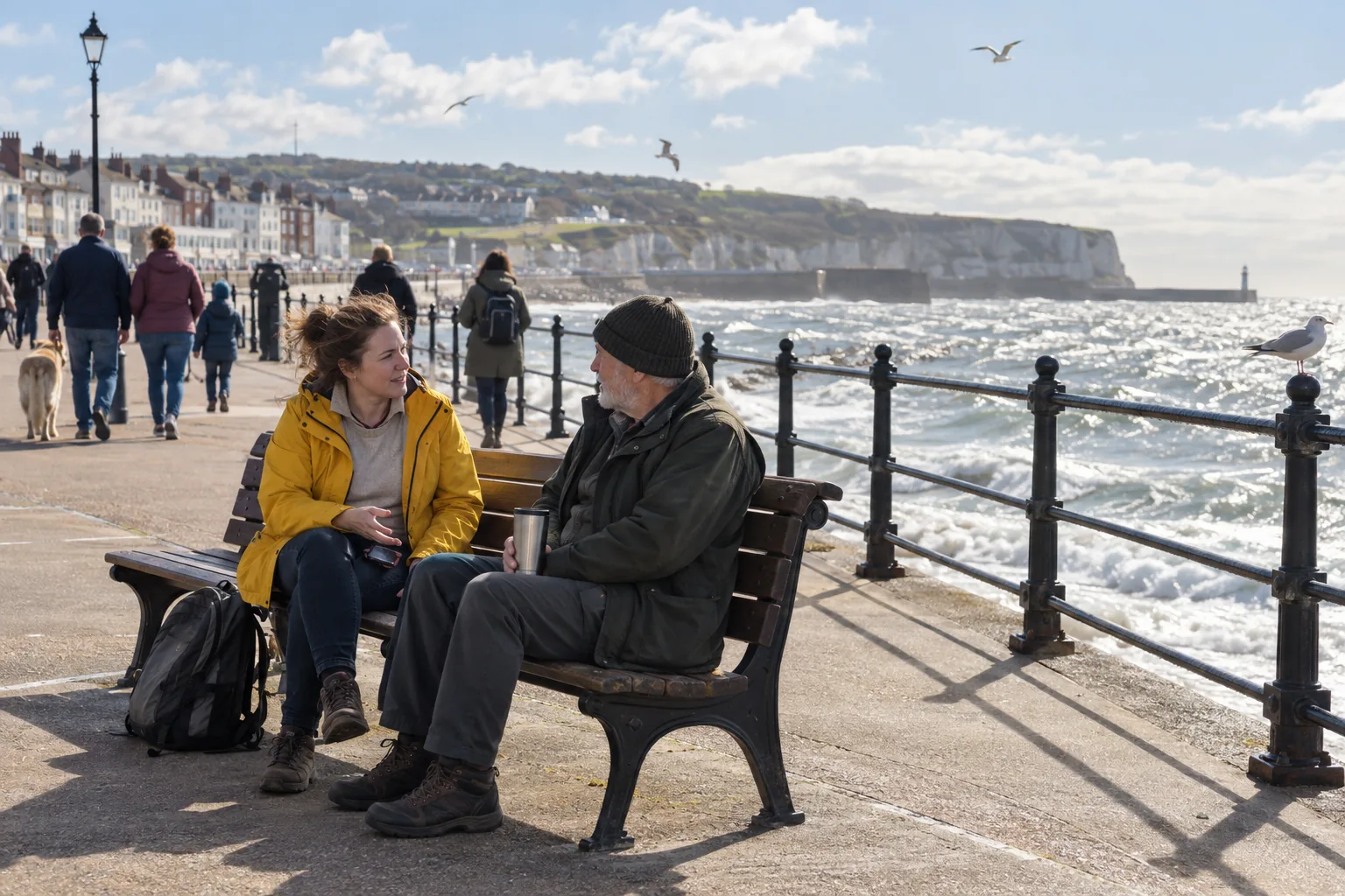 A charity volunteer coordinator sits on a bench on a breezy seaside promenade, phone face down on her knee, talking with a colleague beside her