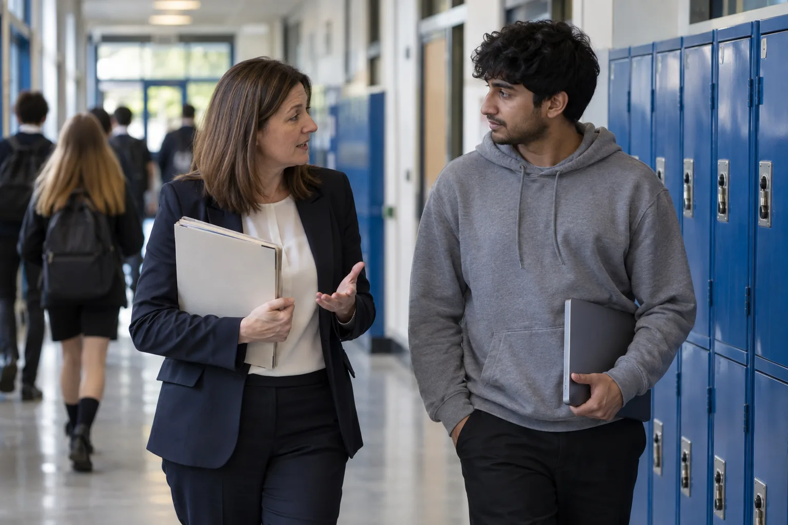 A school business manager and the school's IT technician talking in a secondary school corridor in the afternoon, lockers behind them, the technician holding a closed laptop under one arm