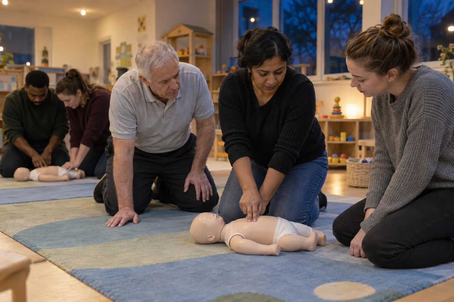 After the children have gone home, nursery practitioners kneel on a playroom floor practising infant resuscitation on training manikins as a paediatric first aid trainer watches