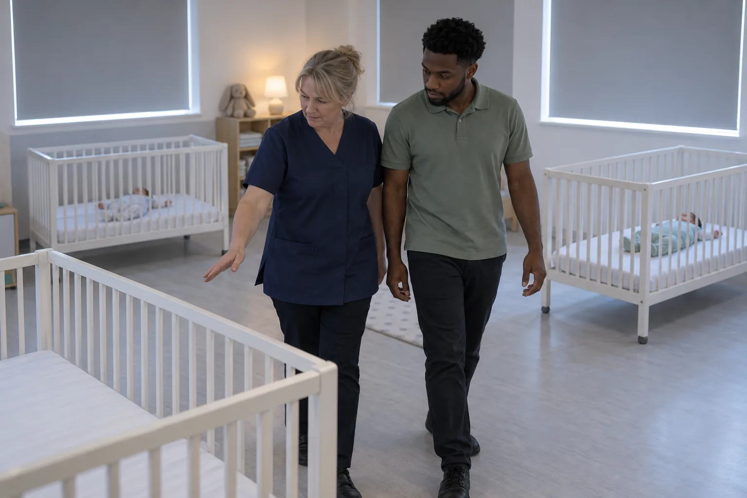In a day nursery baby room at nap time, the nursery manager walks a practitioner between widely spaced cots where babies sleep on their backs in sleeping bags on firm, bare mattresses