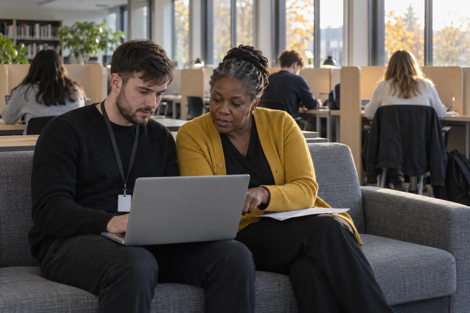 An IT technician and the designated safeguarding lead sit side by side on a low sofa in a secondary school’s sixth-form study centre late in the afternoon, testing a pupil laptop together while sixth-formers work at study carrels beyond