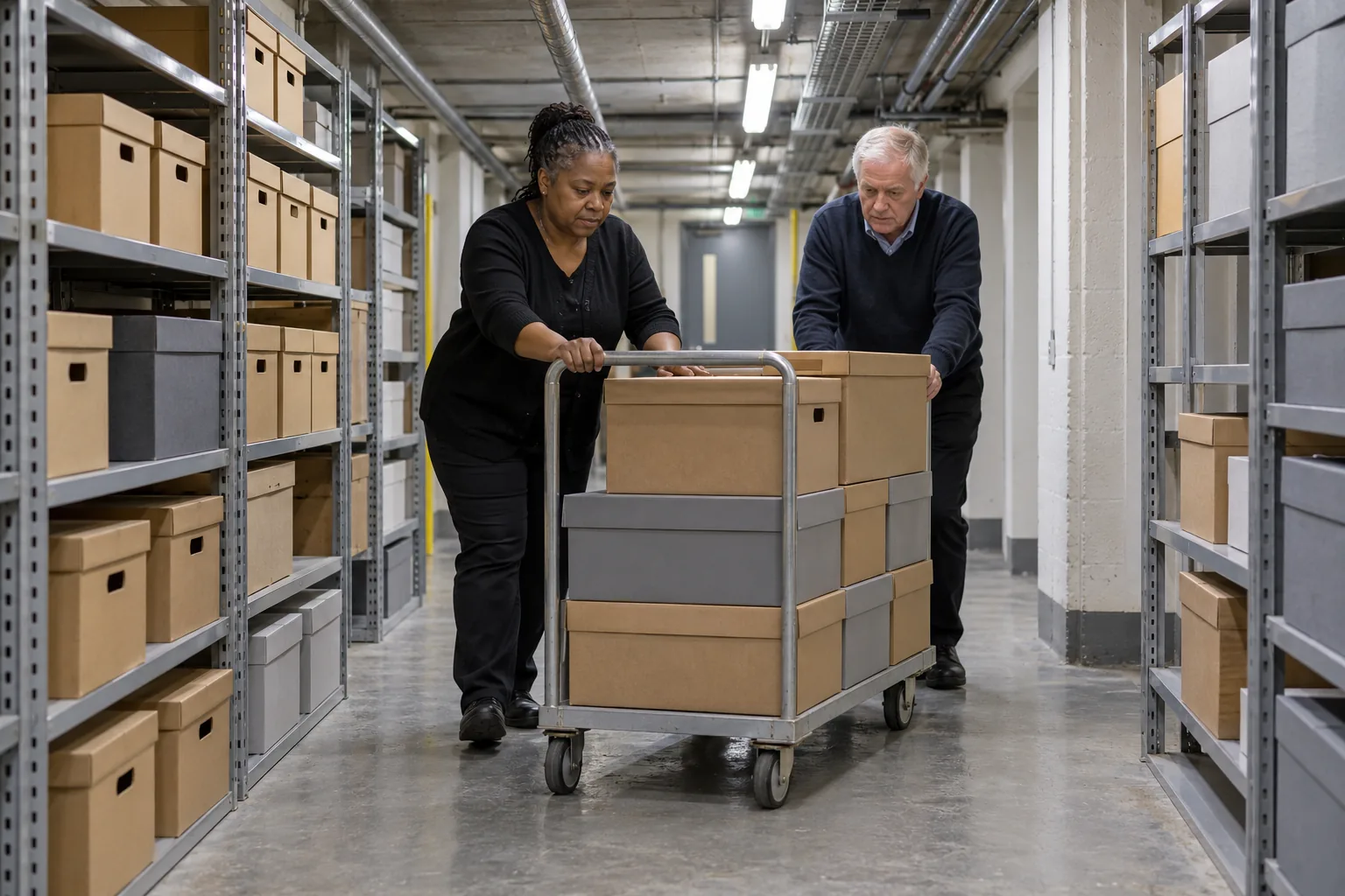 Two council officers push a trolley of archive boxes along a town hall basement corridor