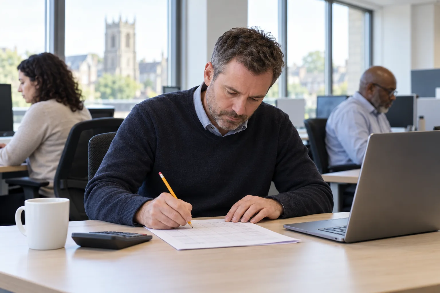 A council freedom of information officer totals hours on a printed time log beside a laptop and a calculator
