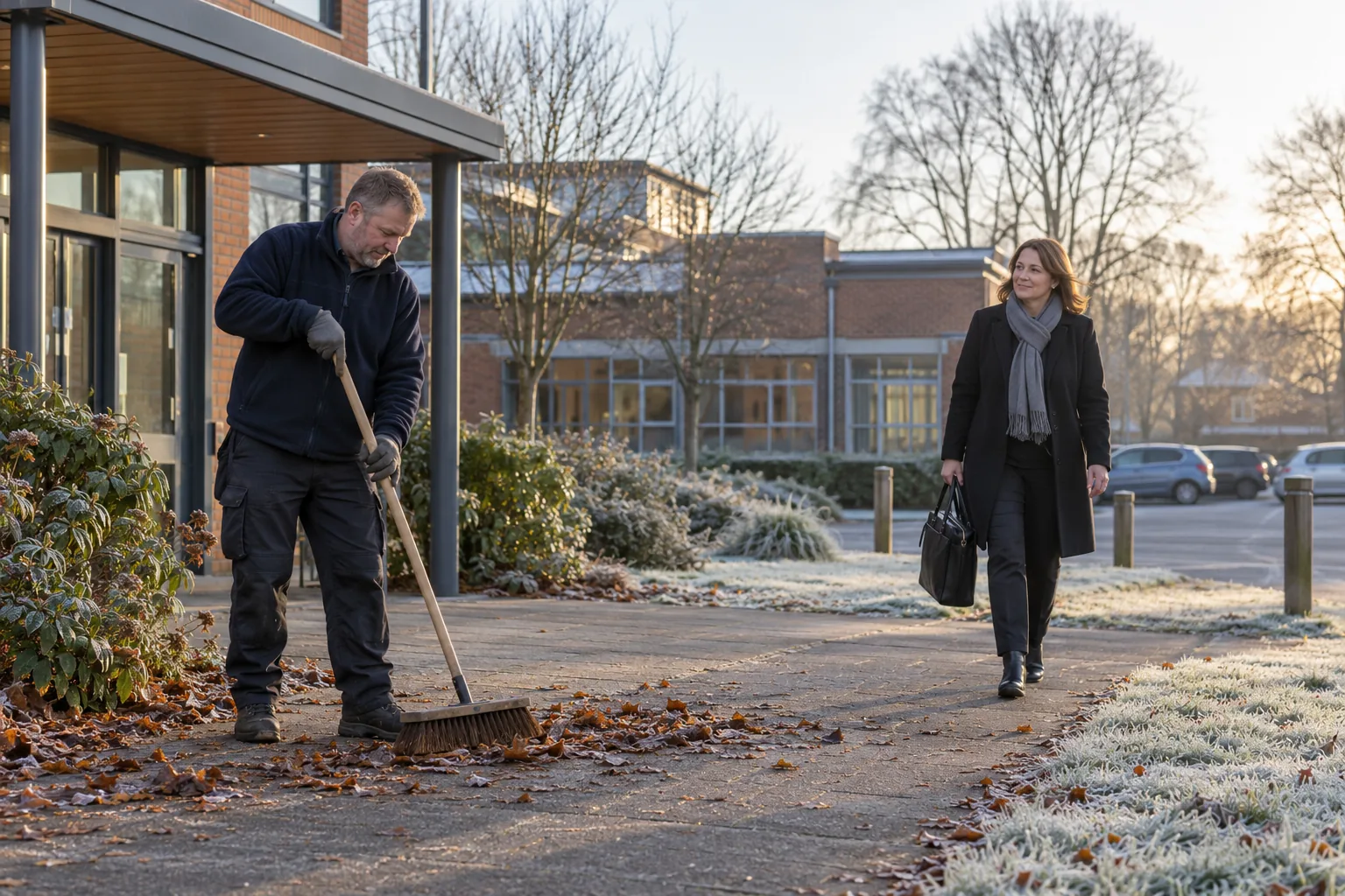 Early on a frosty winter morning outside an English secondary school, a caretaker sweeps leaves from the front path while the headteacher walks up from the car park carrying a laptop bag