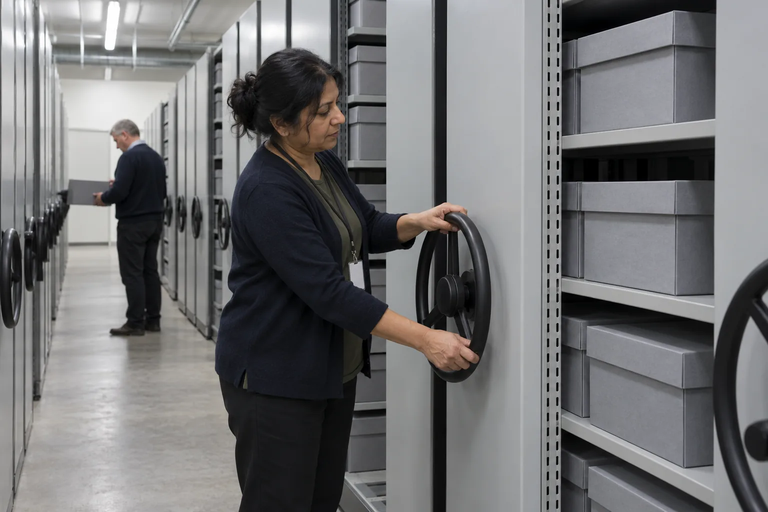 A records officer turns the wheel of a mobile shelving unit to open an aisle of archive boxes