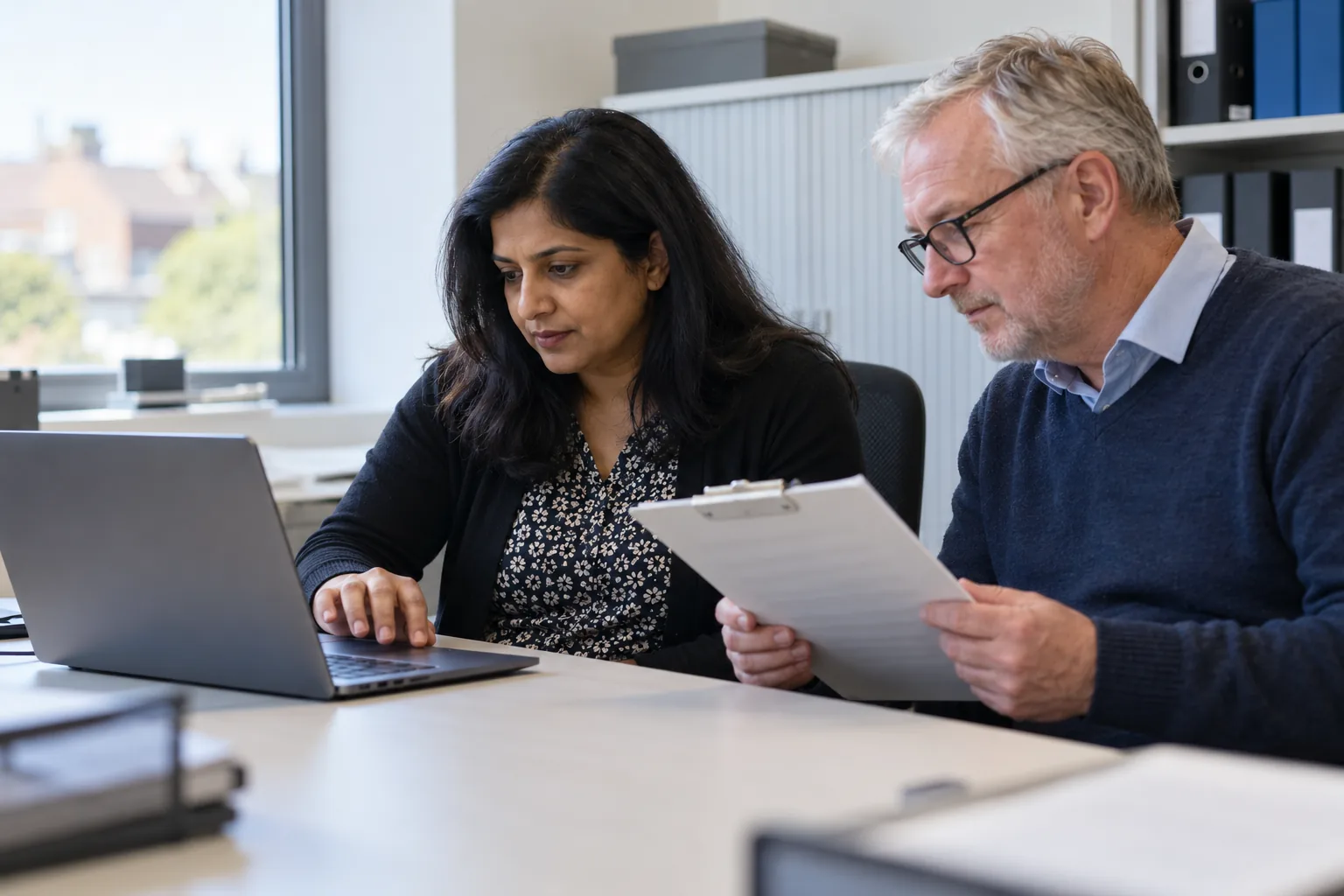 An academy trust business manager runs a search on a laptop while a colleague holds a printed checklist