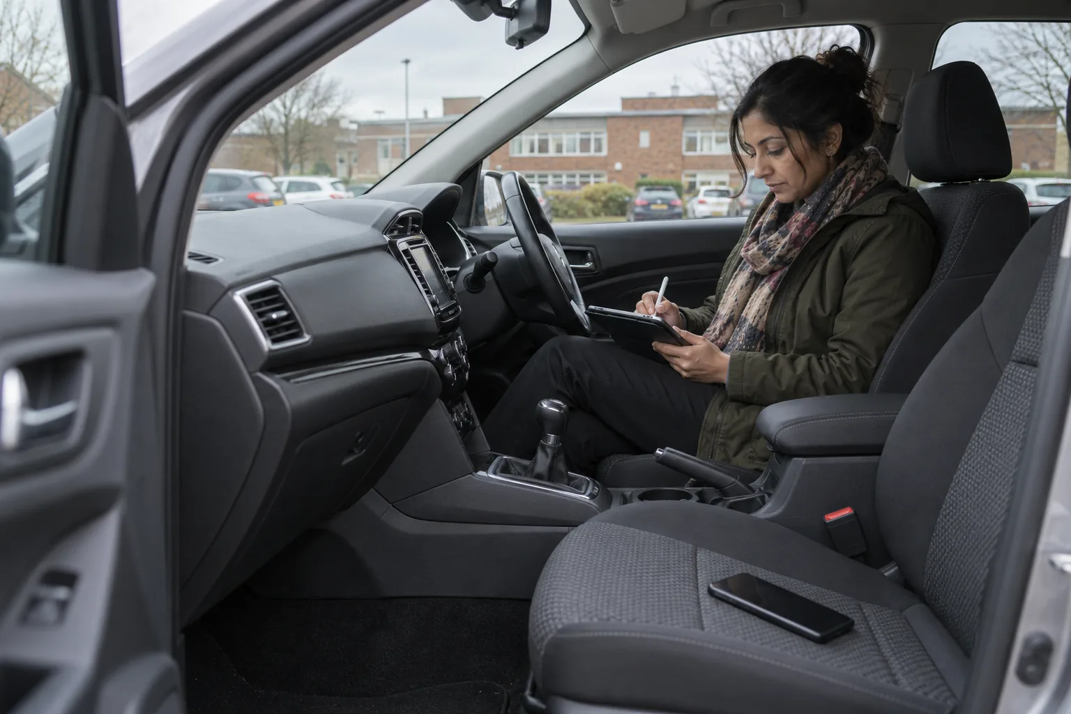 A social worker in her parked car writes notes on a work tablet, her own phone face down on the passenger seat