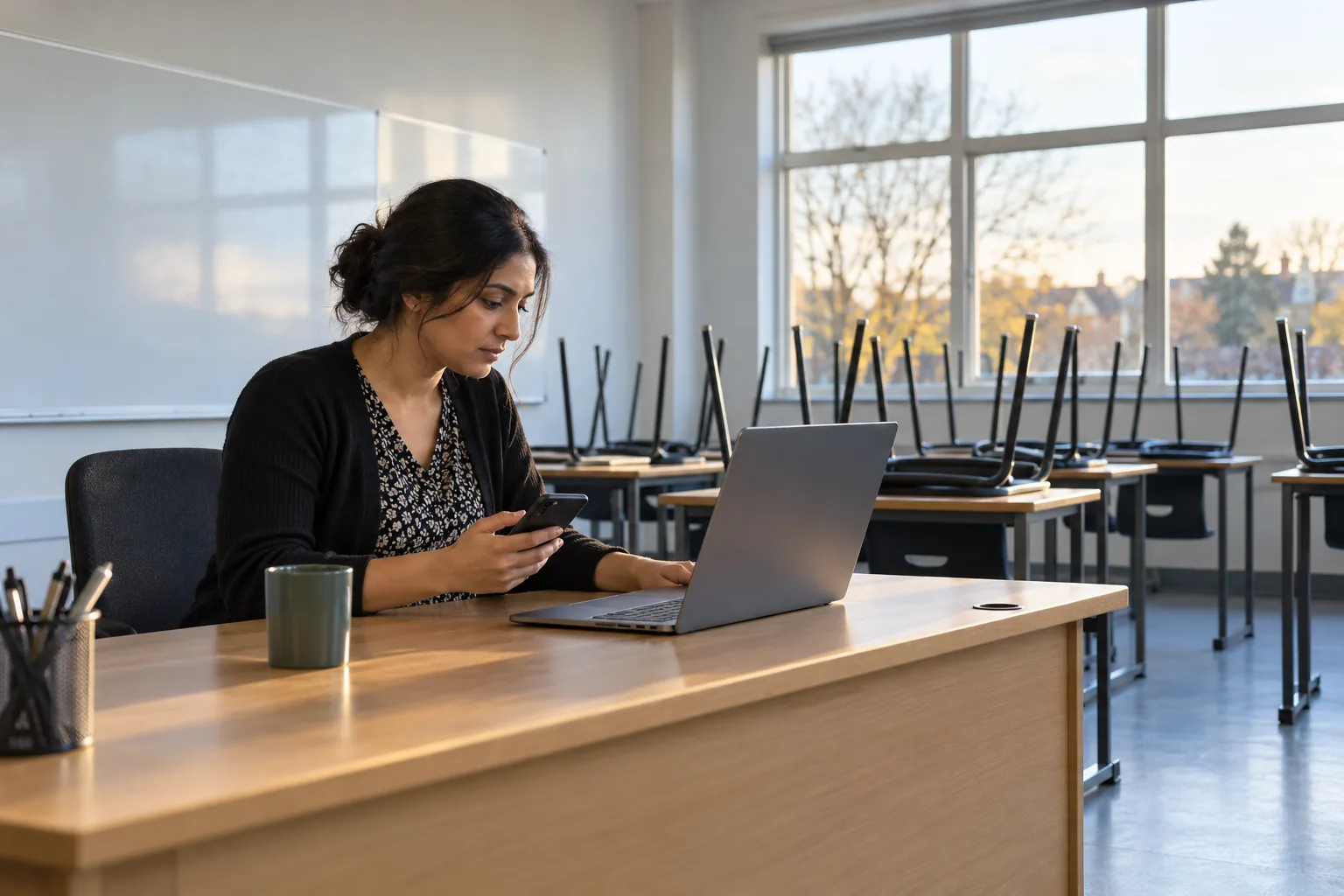 In an empty classroom after school a teacher looks from her own phone to a school laptop on the desk