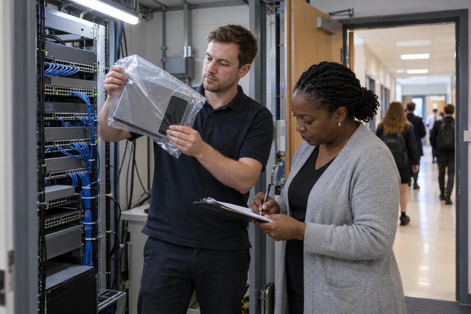 In a school's network cupboard, the IT manager holds up a returned staff laptop and phone in a clear bag while the school business manager notes it on a clipboard