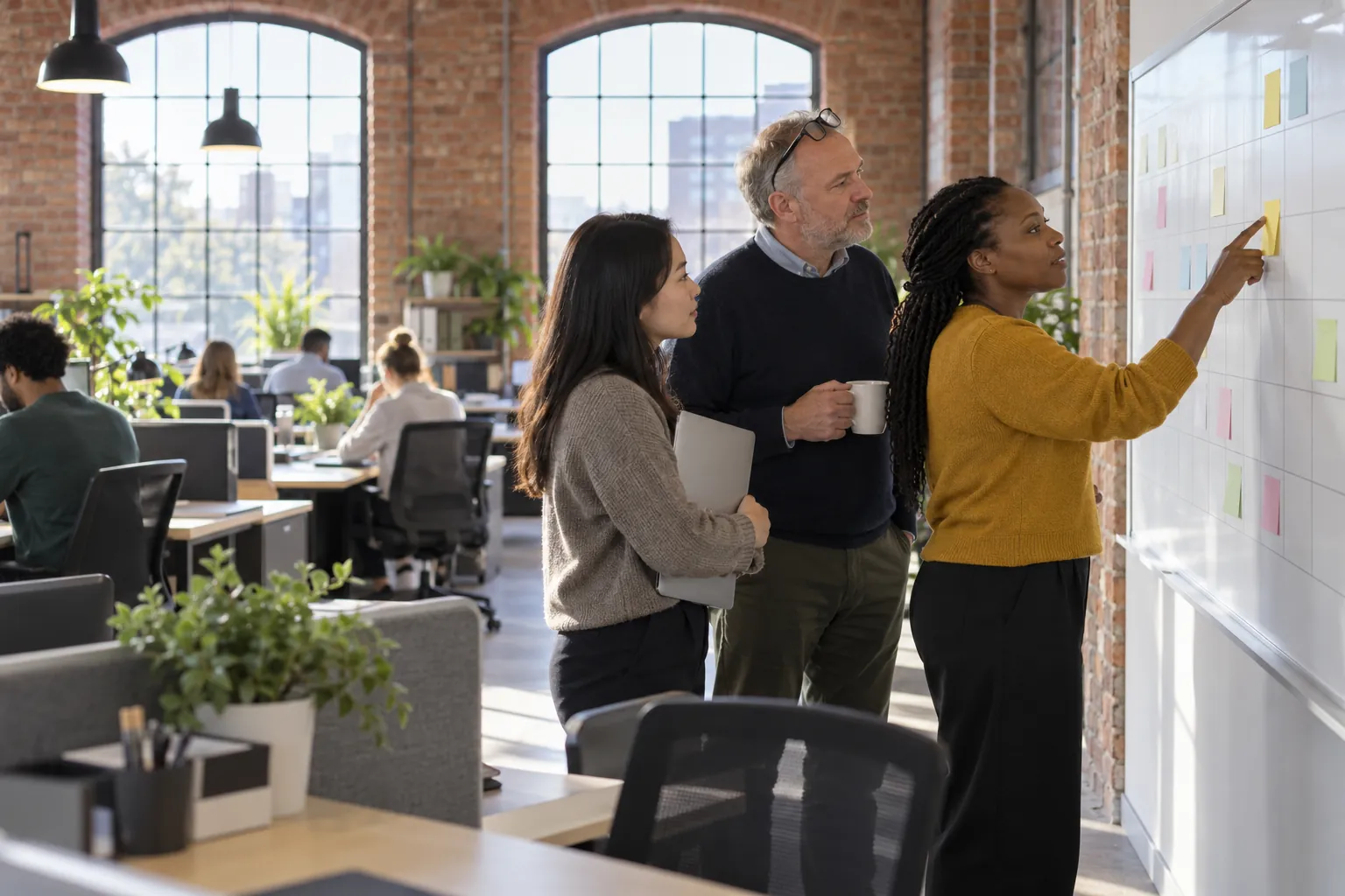 In a multi-academy trust's office in a converted mill, three members of the governance team stand at a long wall planner, one pointing at a sticky note in a row of squares