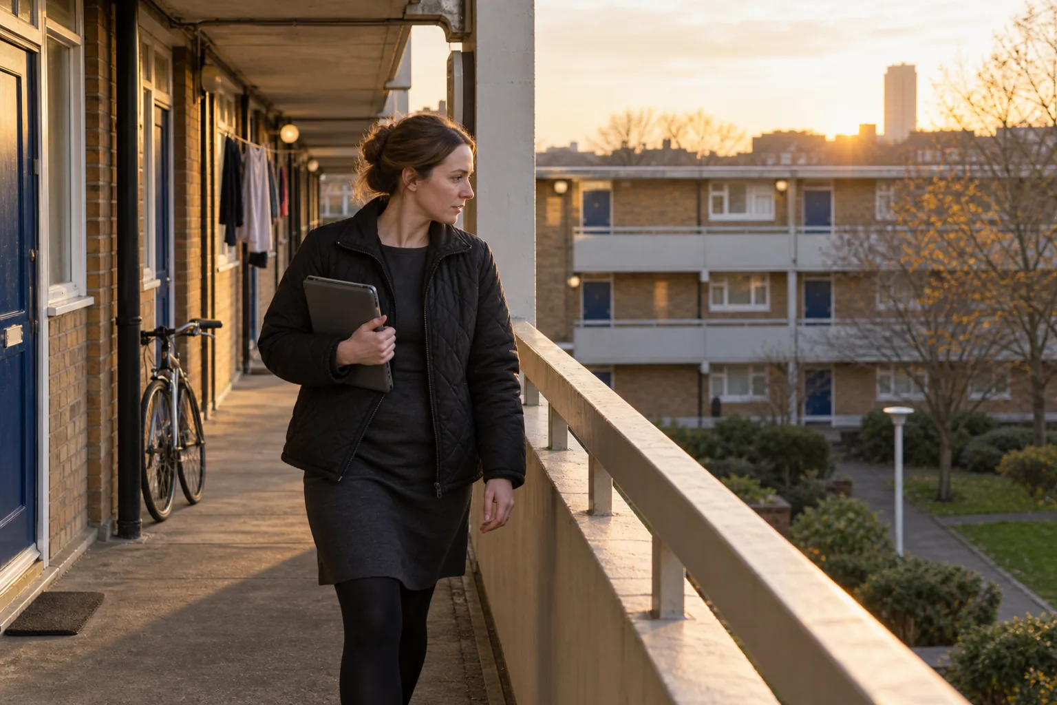 A housing association support officer walks along the open deck of a low-rise estate at golden hour, tablet under her arm