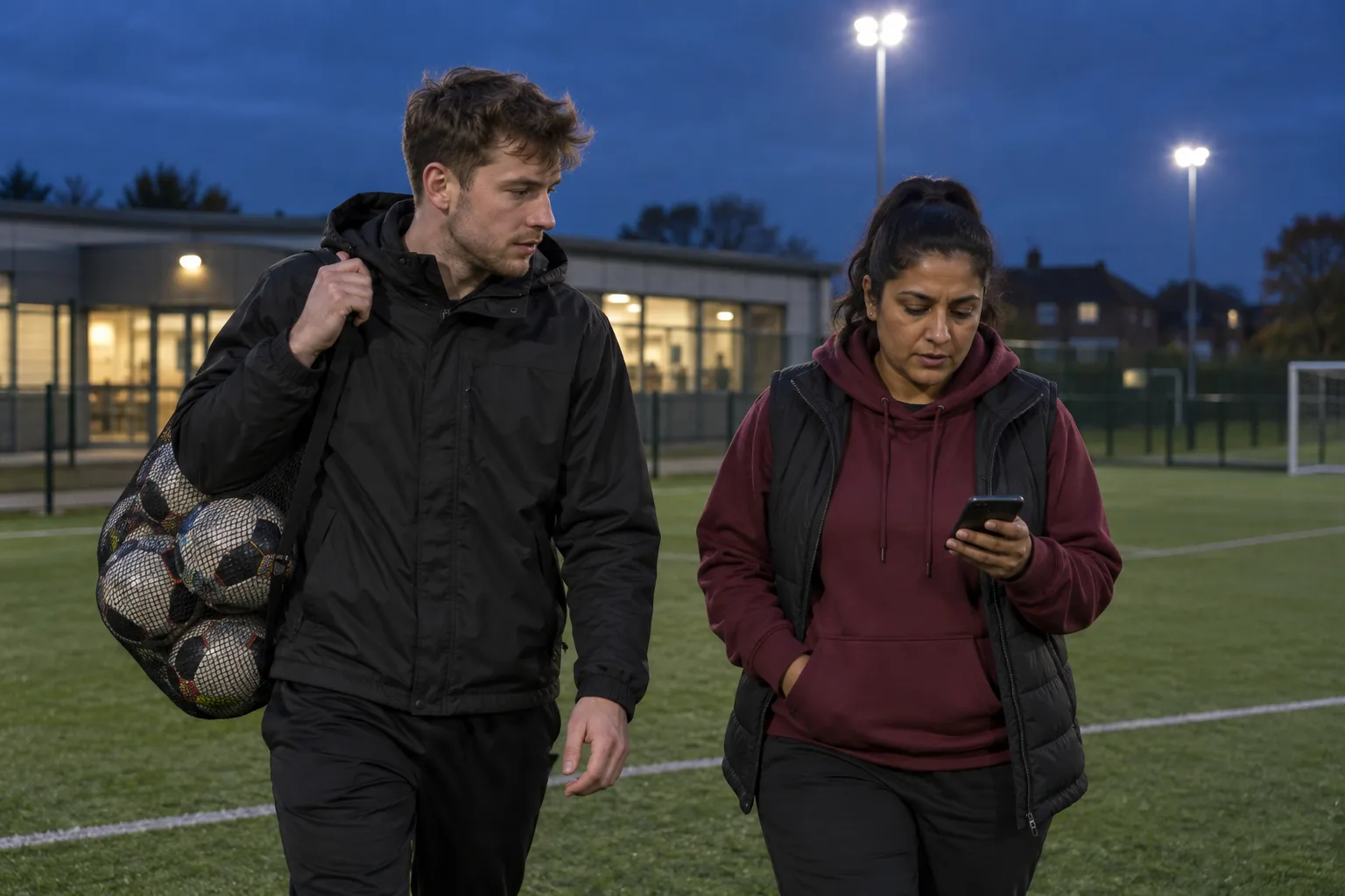 Two youth workers stand at the edge of a floodlit all-weather pitch at dusk, one glancing at a phone and the other holding a mesh bag of footballs