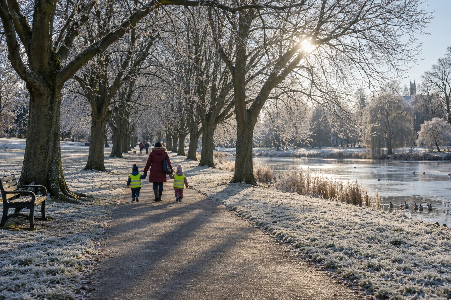 Seen from behind and at a distance, a childminder in a padded coat walks two small children in tabards along a frosty park path on a bright winter morning, a changing bag over her shoulder