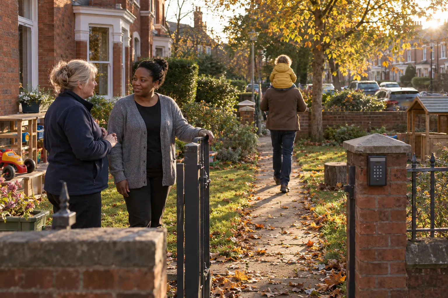 A nursery owner and her deputy talk at the gated entrance of a converted Victorian house nursery at going-home time, a father carrying a toddler on his shoulders walking away down the path in late-afternoon autumn light