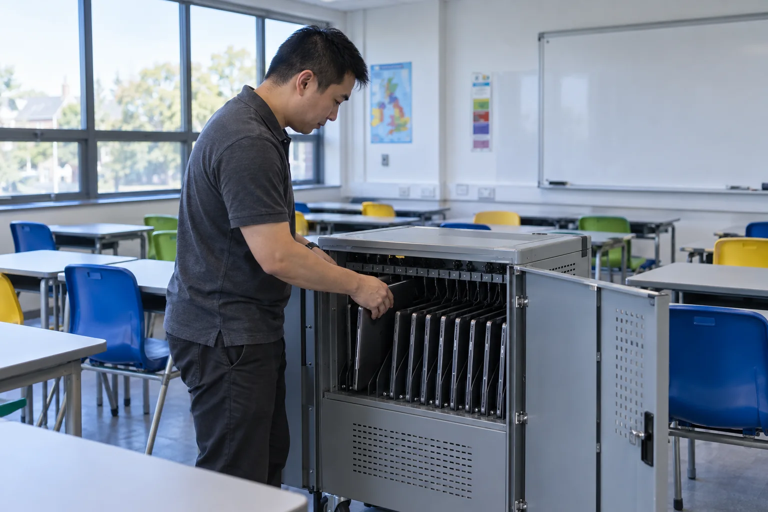 A school IT colleague arranging closed laptops in a classroom charging trolley.