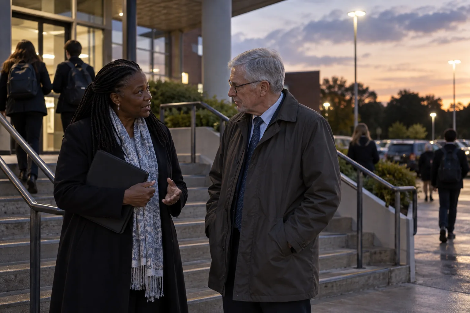 Two school governors talk quietly on the steps outside a secondary school at dusk after a meeting, one holding a folder under her arm, the car park lights coming on behind them