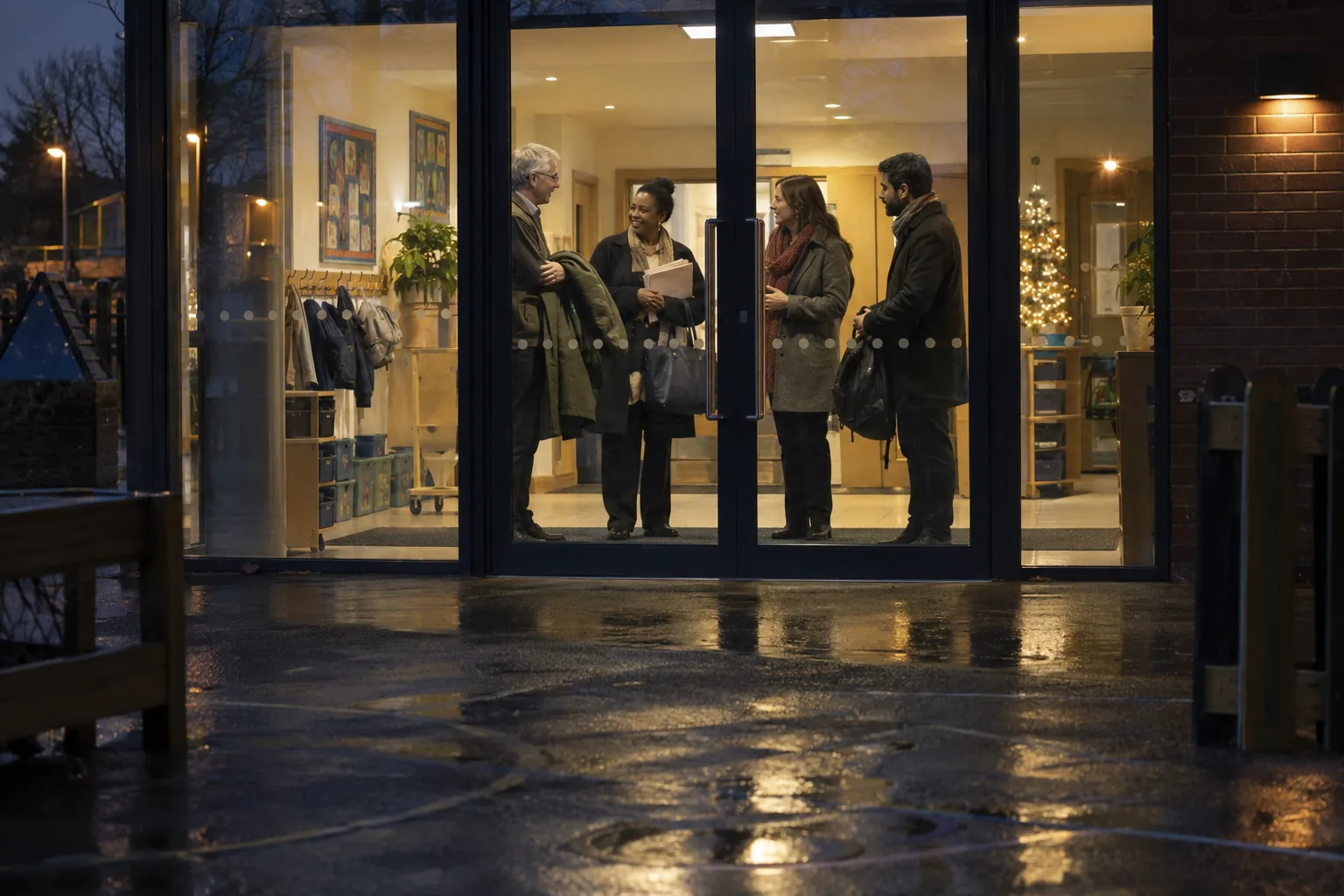 Seen through the glass doors from the dark playground, school governors greet each other in a lit primary school entrance foyer before an evening board meeting