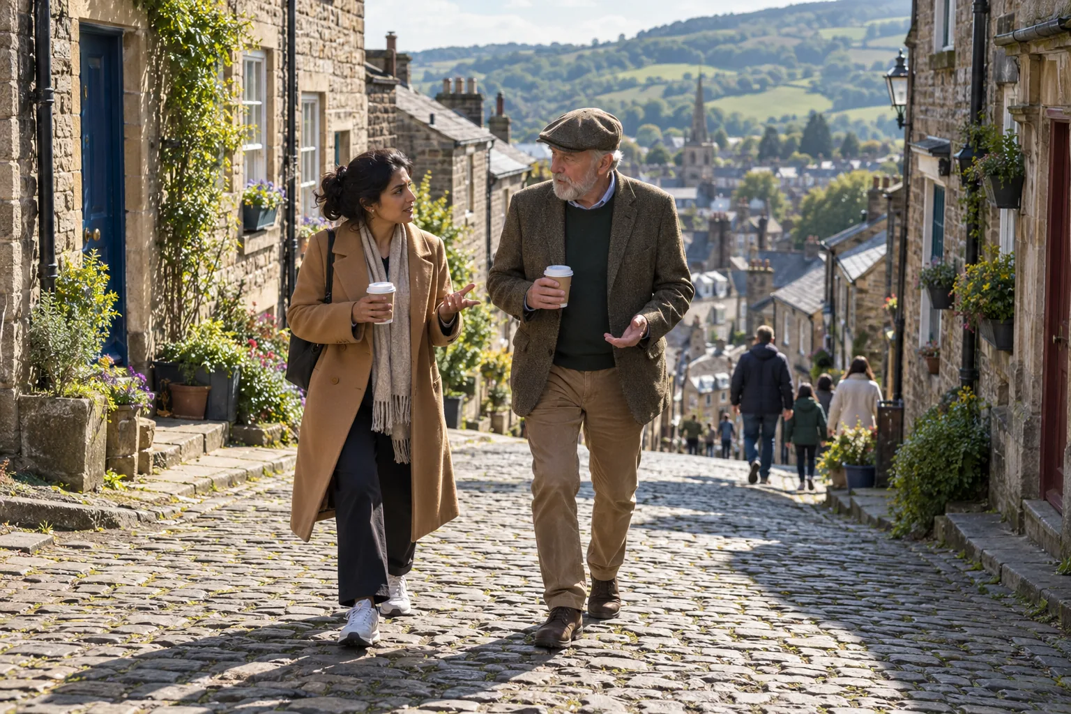 A new parent governor and the experienced governor mentoring her walk up a steep cobbled street on a Saturday morning, takeaway cups in hand, deep in conversation