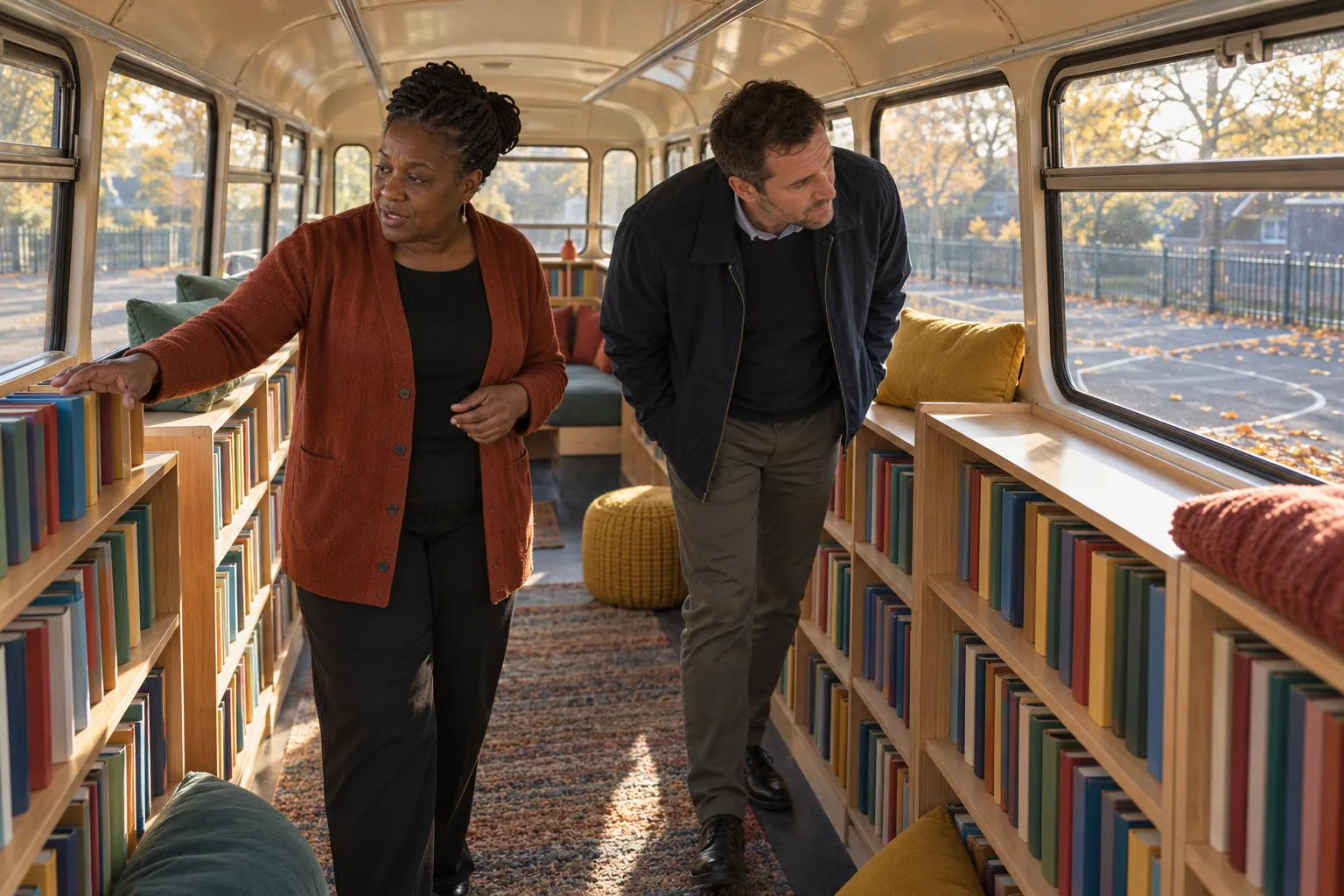 A headteacher shows a newly appointed governor round the school’s library bus, a converted double-decker at the edge of a primary school playground, on a crisp autumn afternoon after the children have gone home