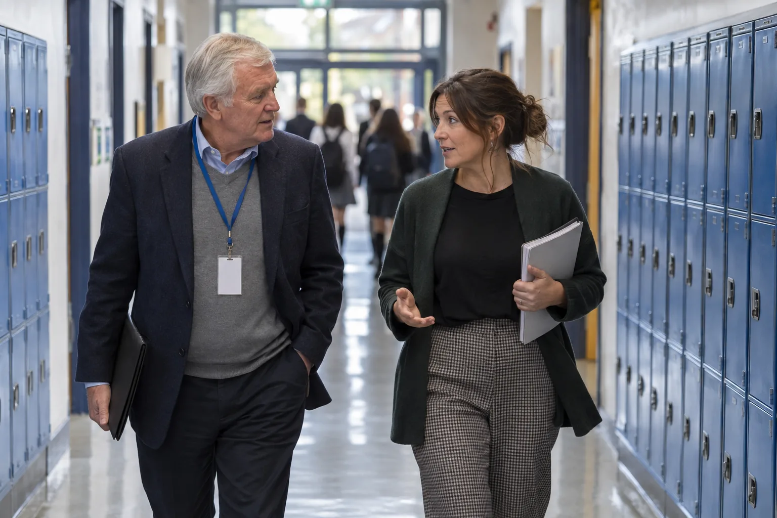A local governor walks along a secondary school corridor lined with blue lockers beside the special educational needs coordinator during a daytime visit, both mid-conversation