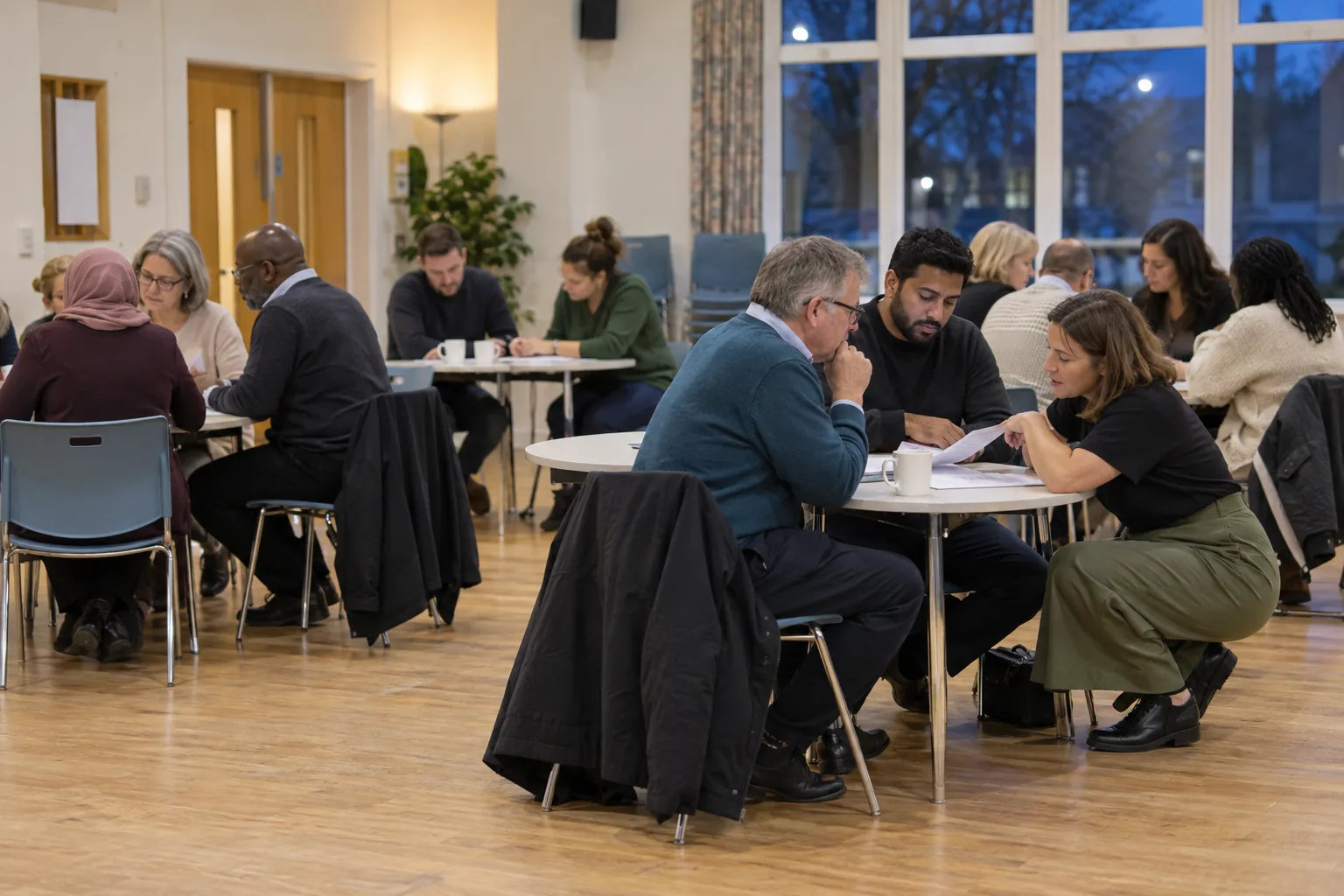 Newly appointed school governors work in pairs at an evening induction session in a bright community centre hall, a trainer crouching beside one pair to answer a question