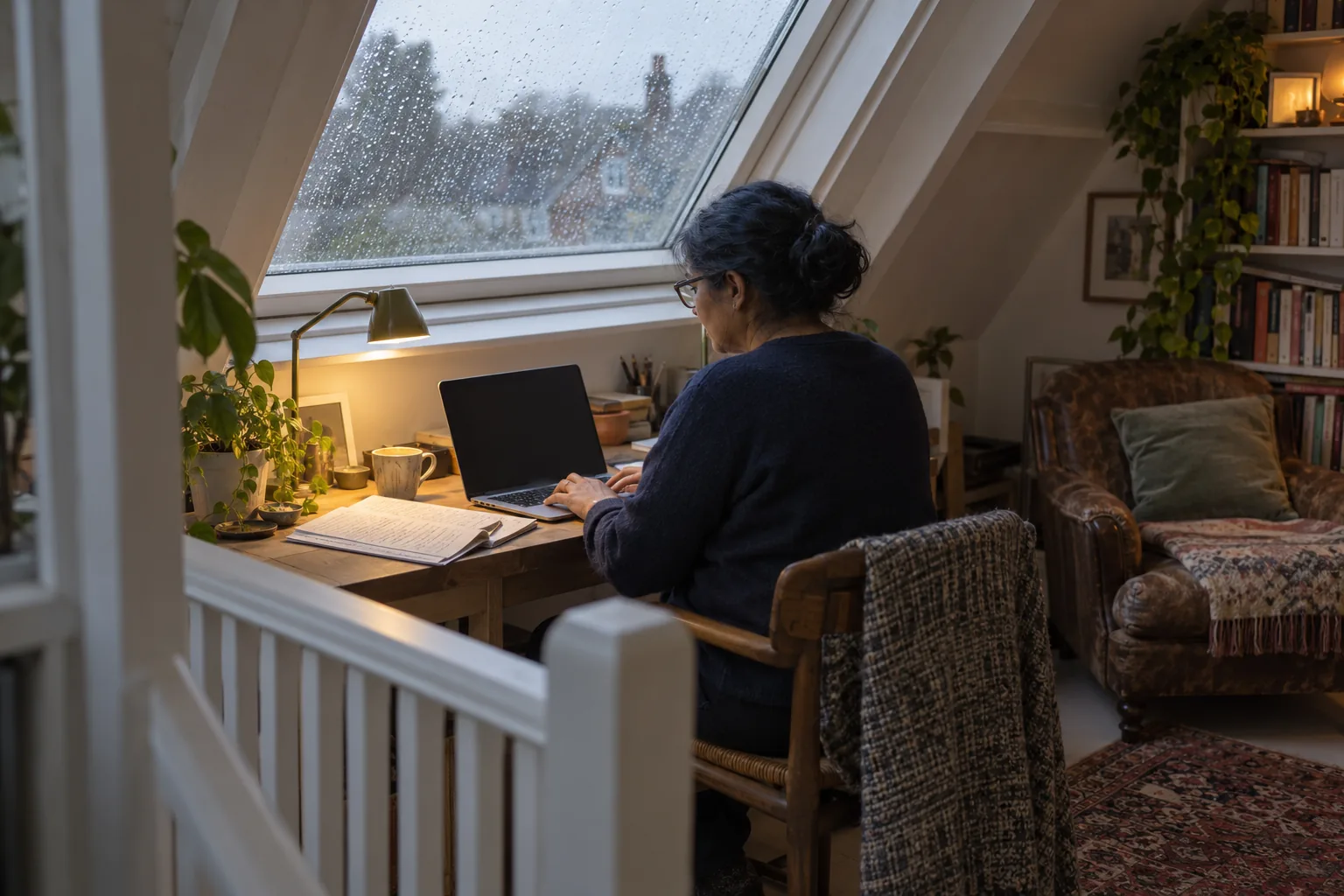 Back at home that afternoon, a school governor writes up her visit notes on a laptop in a loft study under a sloping skylight, rain on the glass
