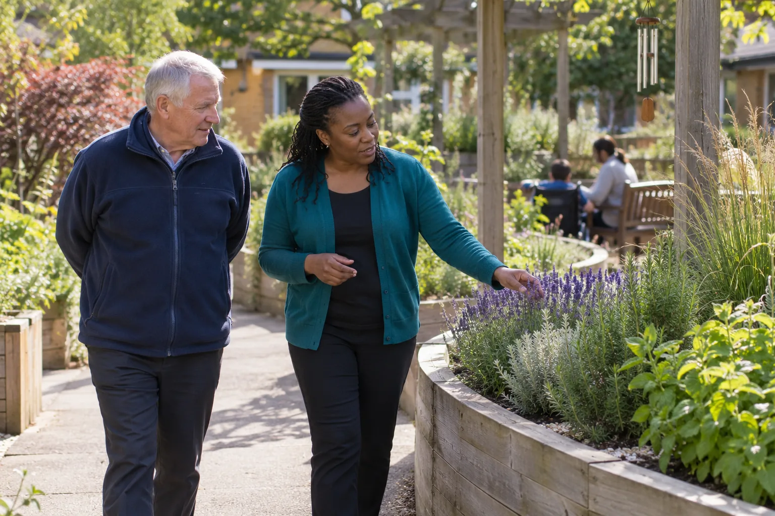 A governor and a special educational needs coordinator walk through a sensory garden at a special school, the coordinator pointing out raised planting beds, a pupil and a teaching assistant out of focus on a bench beyond