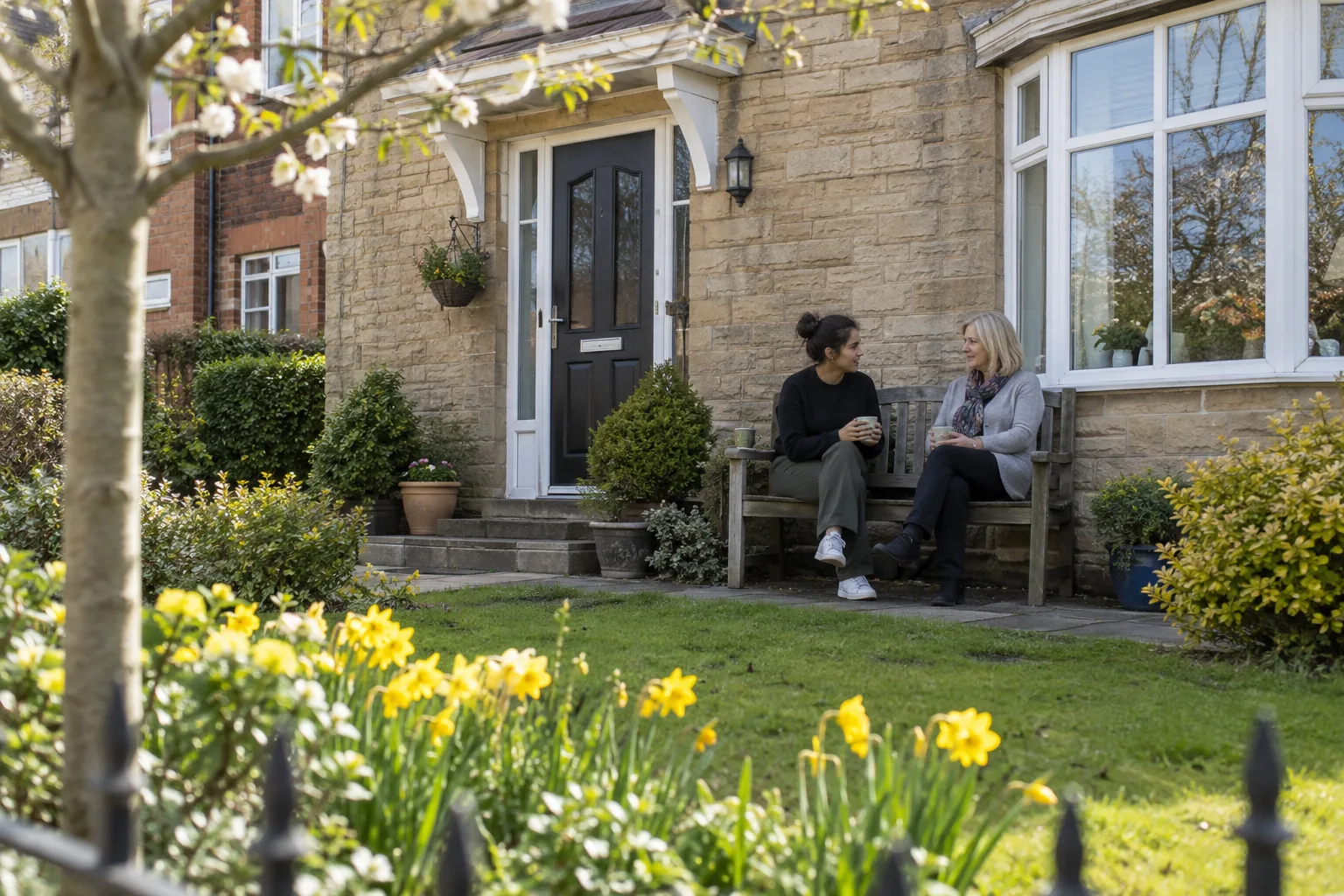 A support worker and her line manager talk on a bench outside a supported living house on a bright spring afternoon, coffee cups beside them, seen from across the front garden