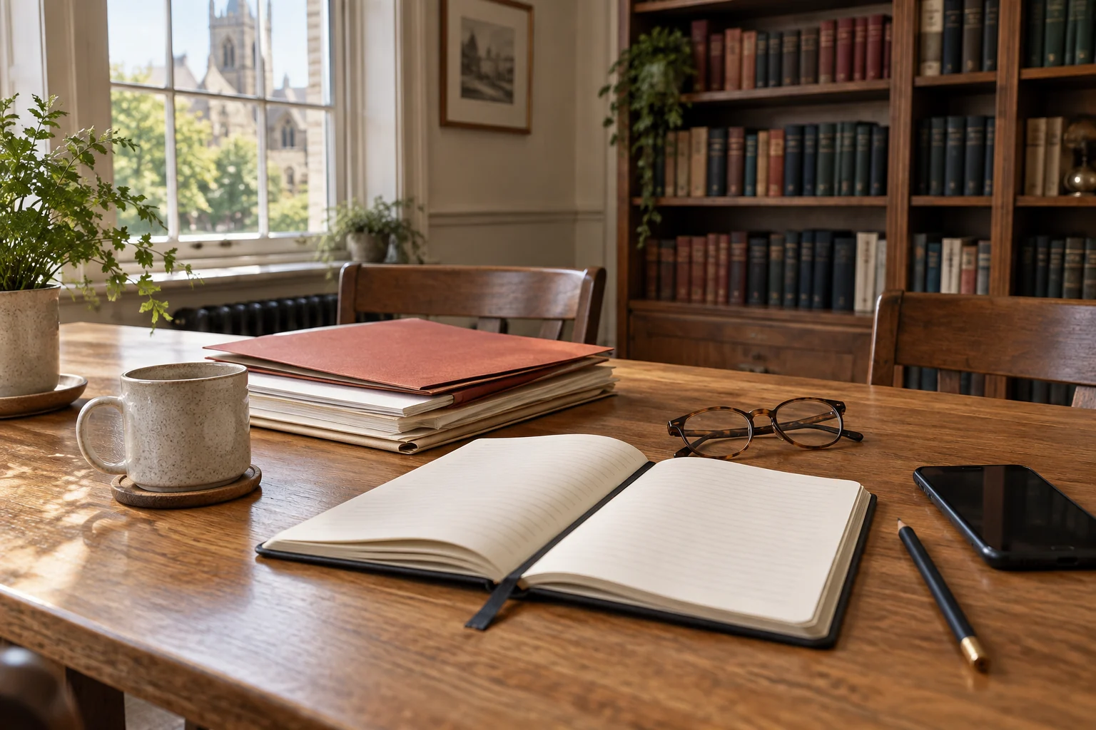 An open notebook, document folders and a phone on a sunlit reading-room table.
