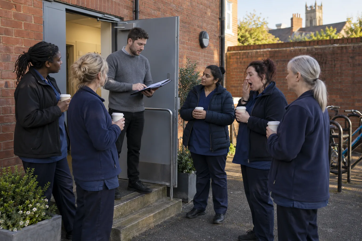 At seven in the morning, home care workers holding takeaway cups gather at the back door of their agency’s small office for the day’s huddle while the coordinator runs through changes