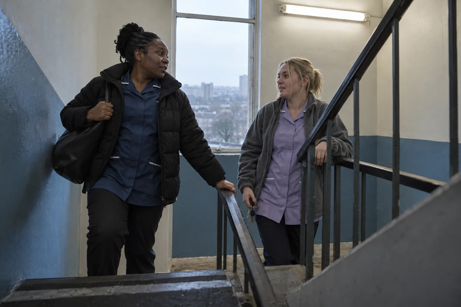 Two home care workers pass on the concrete stairwell of a block of flats between visits, one heading up with her bag and one coming down, pausing on the landing to swap a quick word